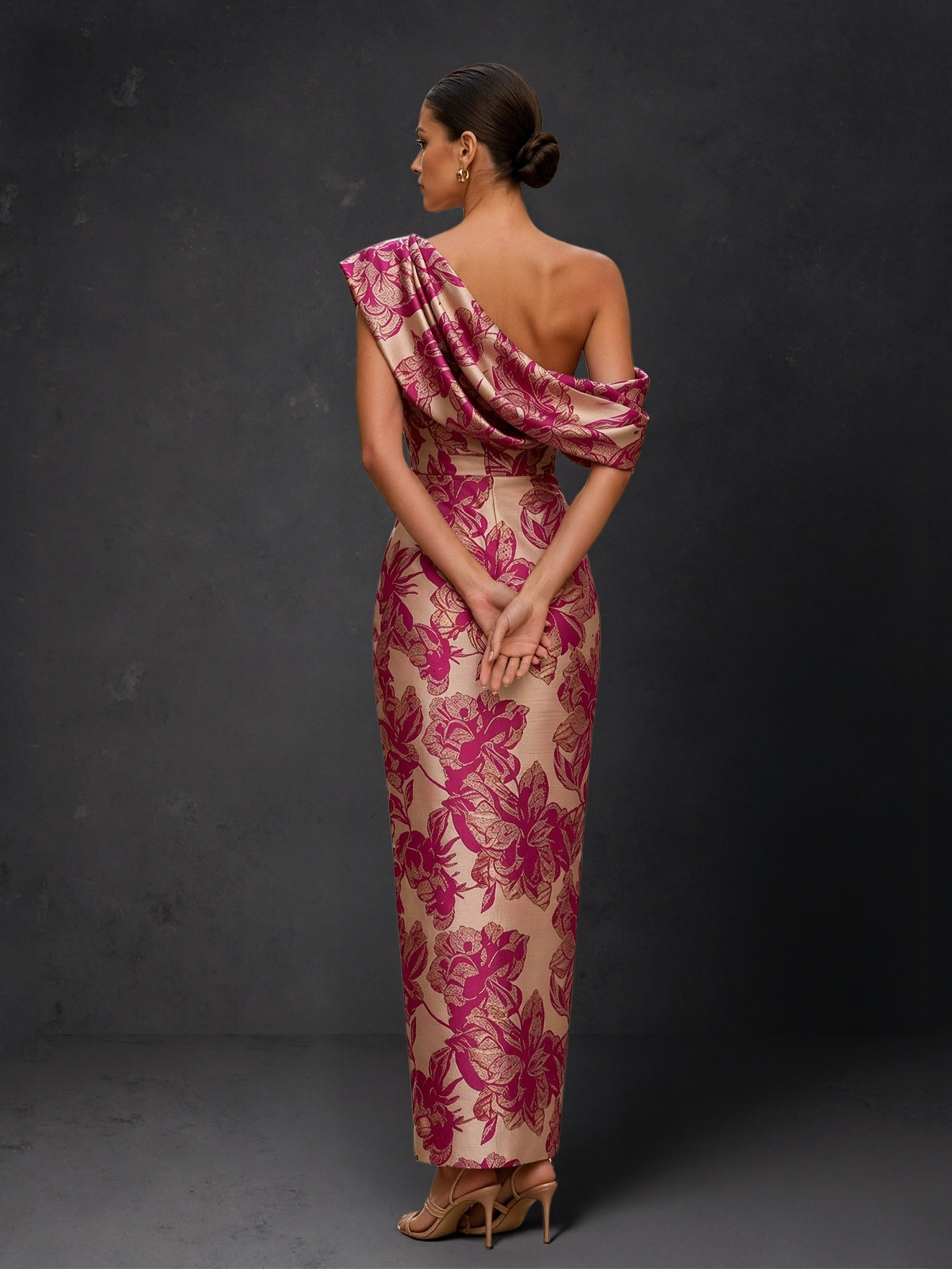 BOLODOO magenta champagne floral jacquard one shoulder draped column maxi gown – front full length view