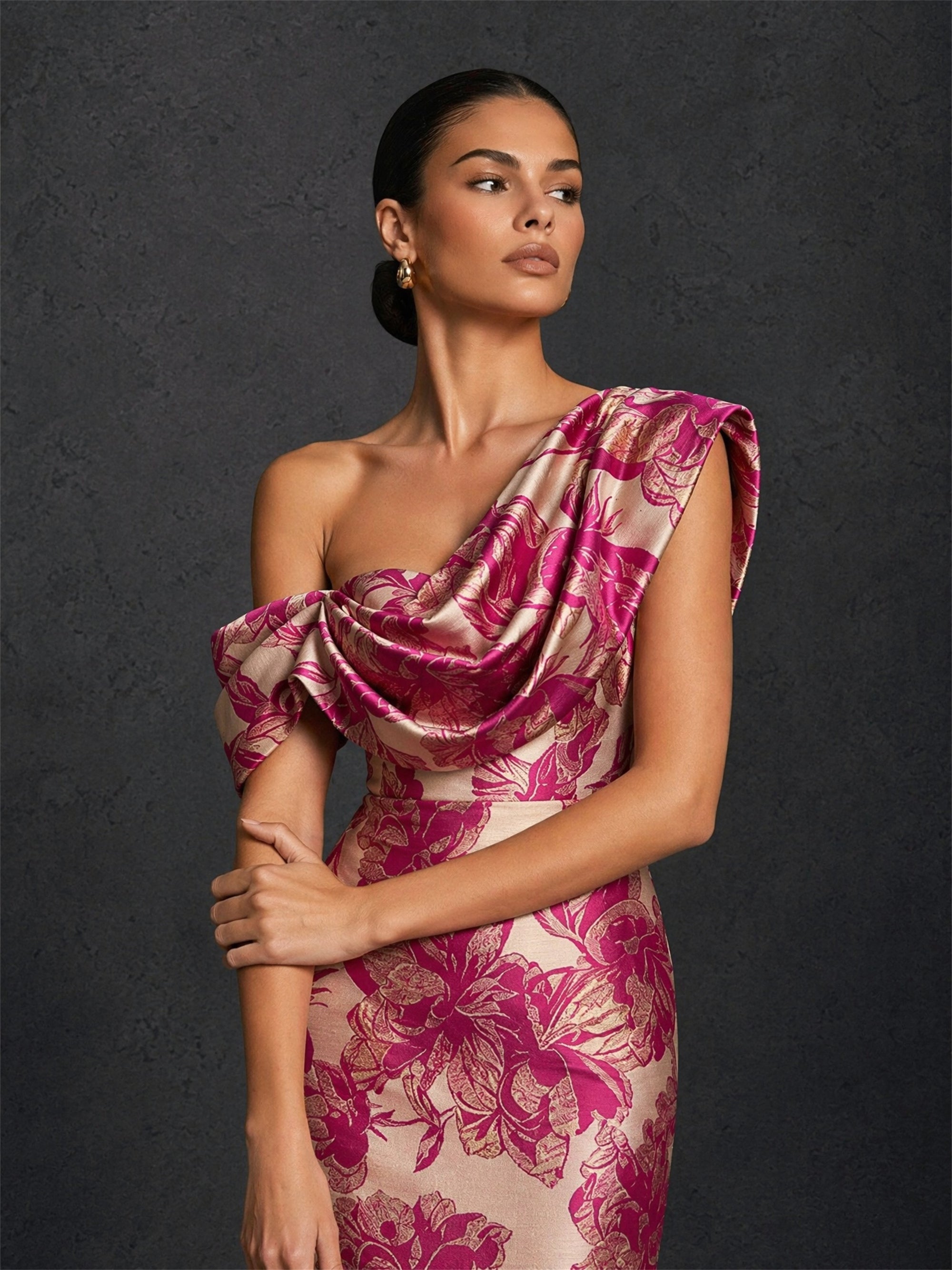 BOLODOO magenta floral jacquard one shoulder gown – back view with covered back and draped shoulder