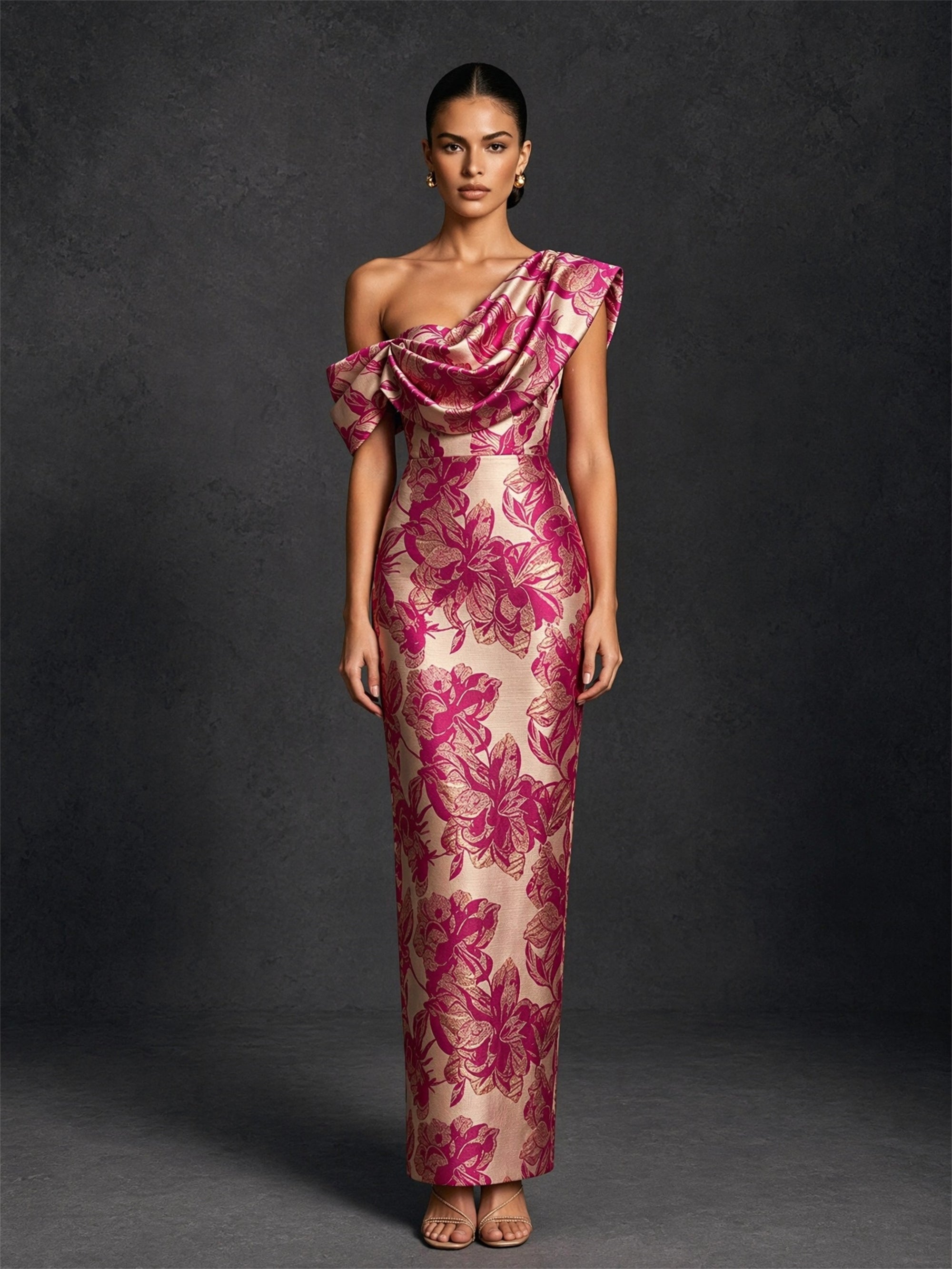 BOLODOO magenta floral jacquard gown – one shoulder draped cowl bodice close-up detail