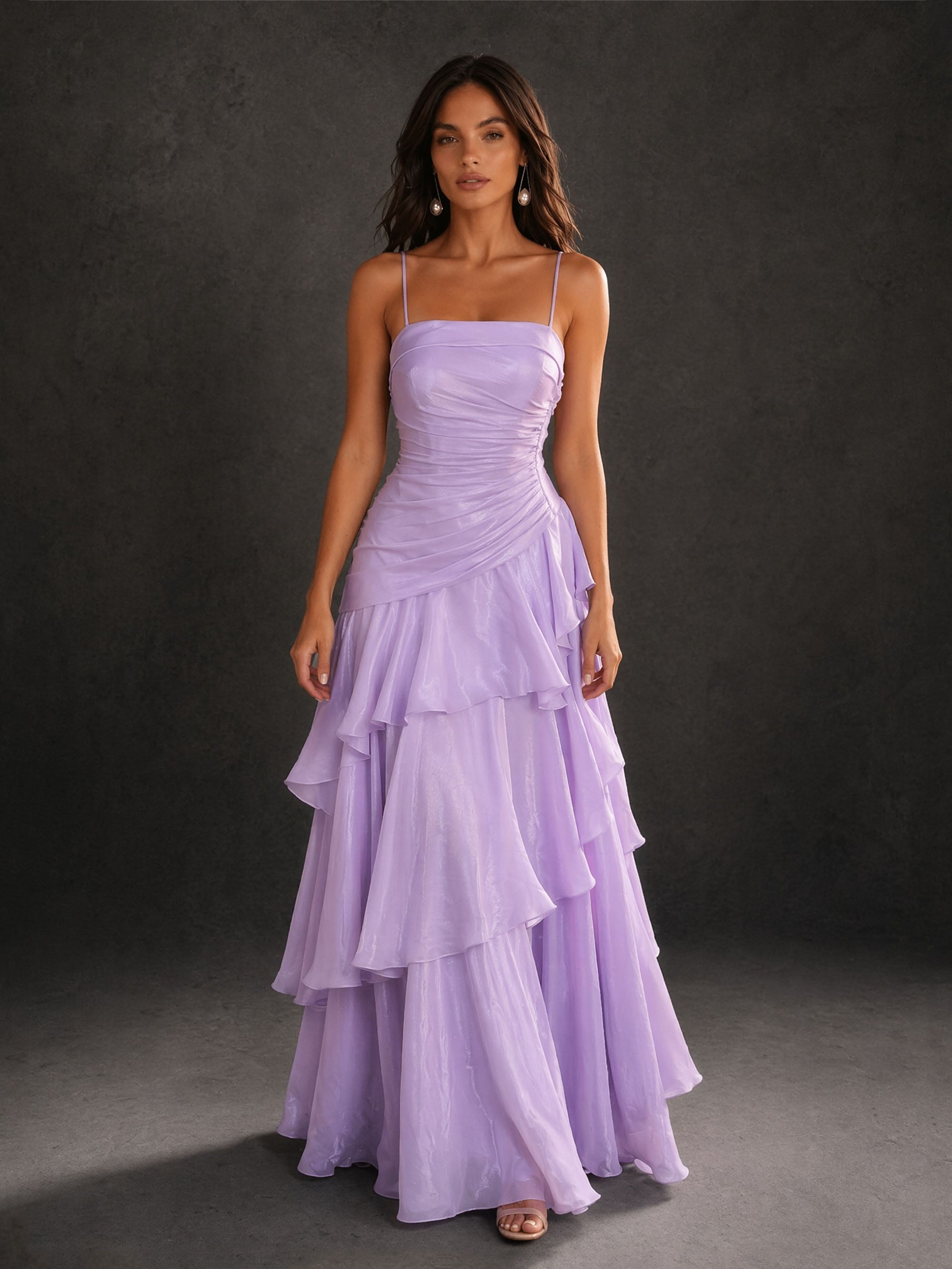 BOLODOO lavender chiffon gown – ruched bodice, spaghetti strap and straight neckline close-up detail