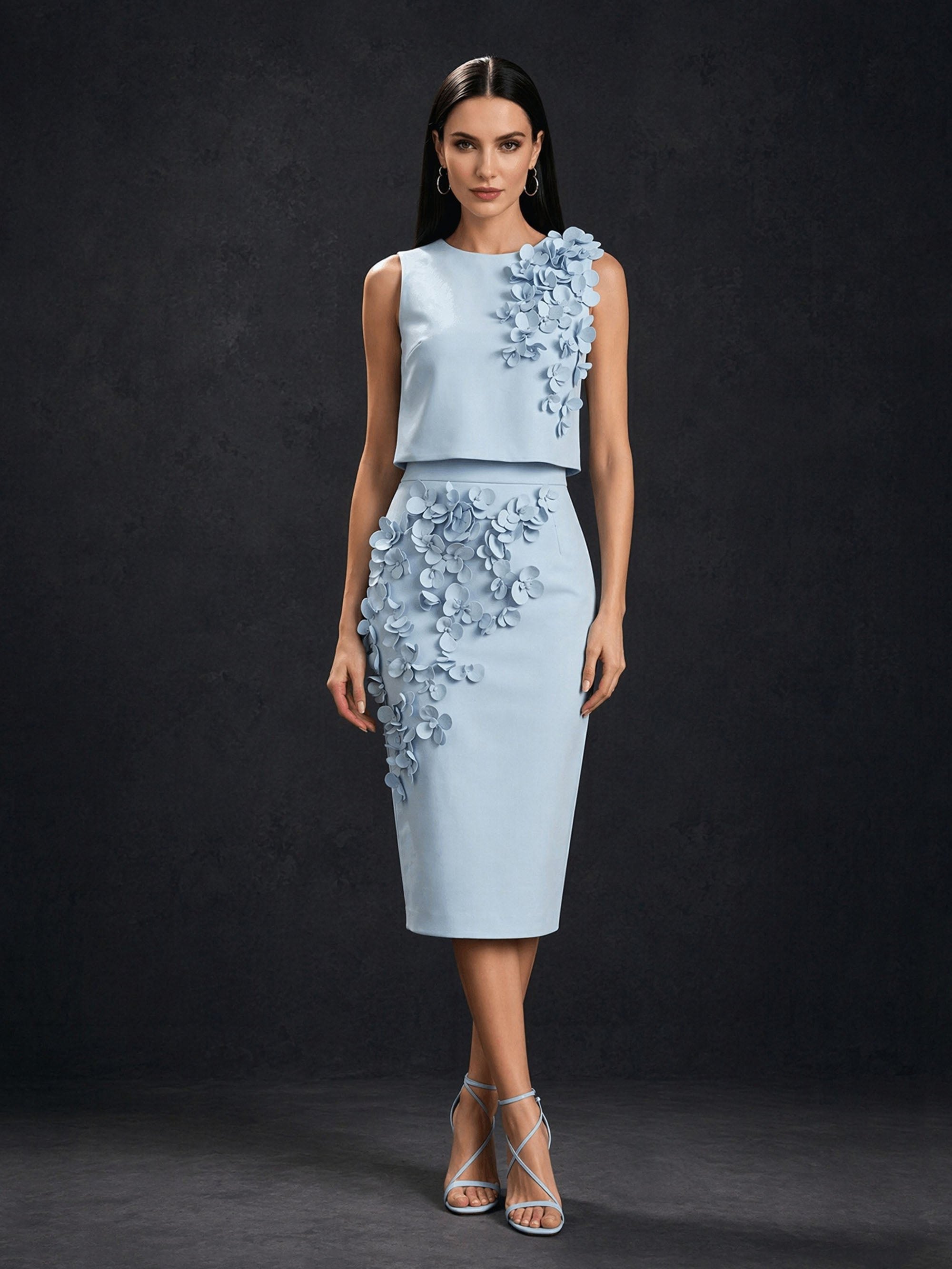 BOLODOO light blue 3D floral two piece set – front standing full length view