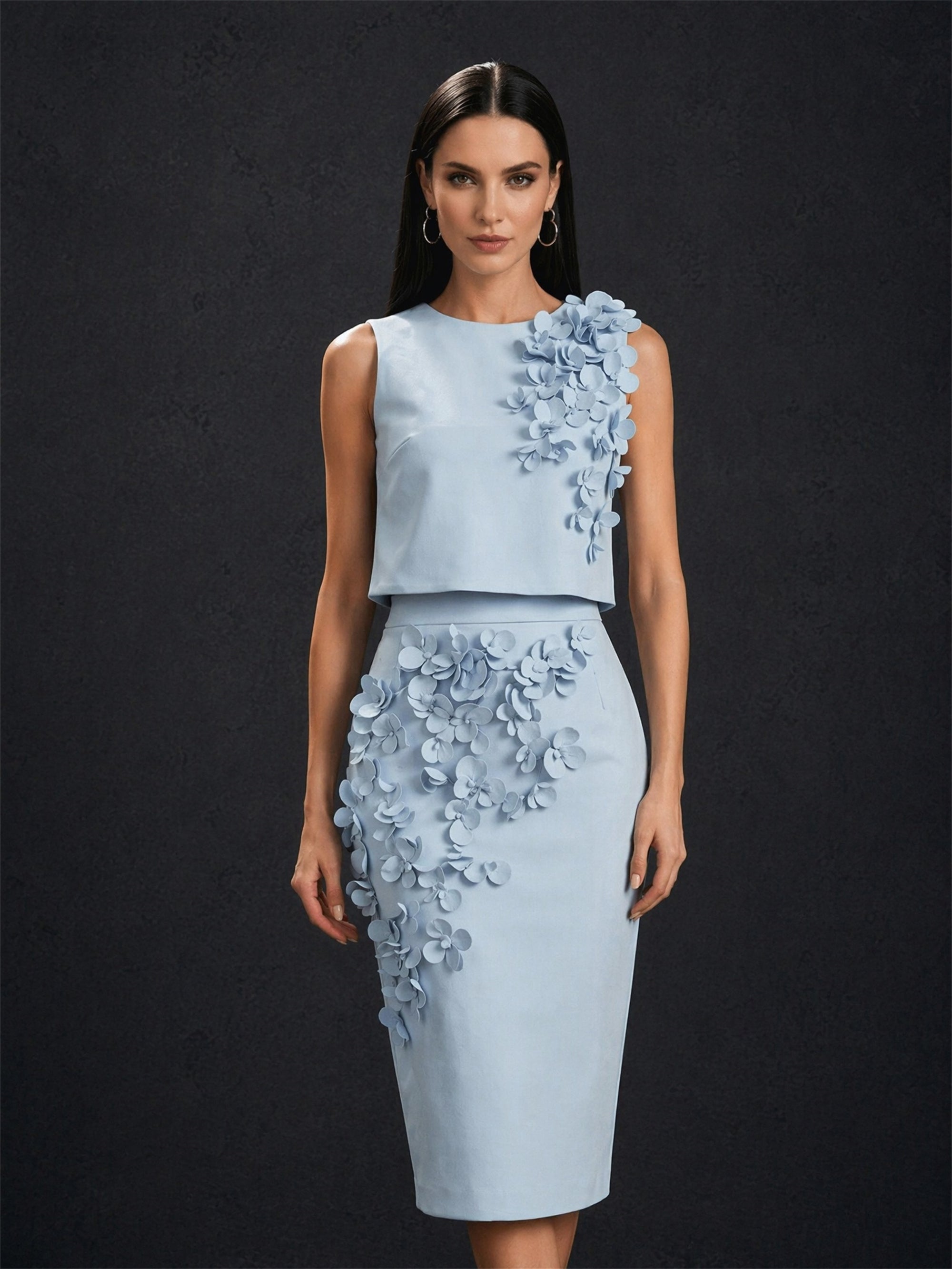 BOLODOO light blue 3D floral two piece set – back view with covered back and pencil skirt