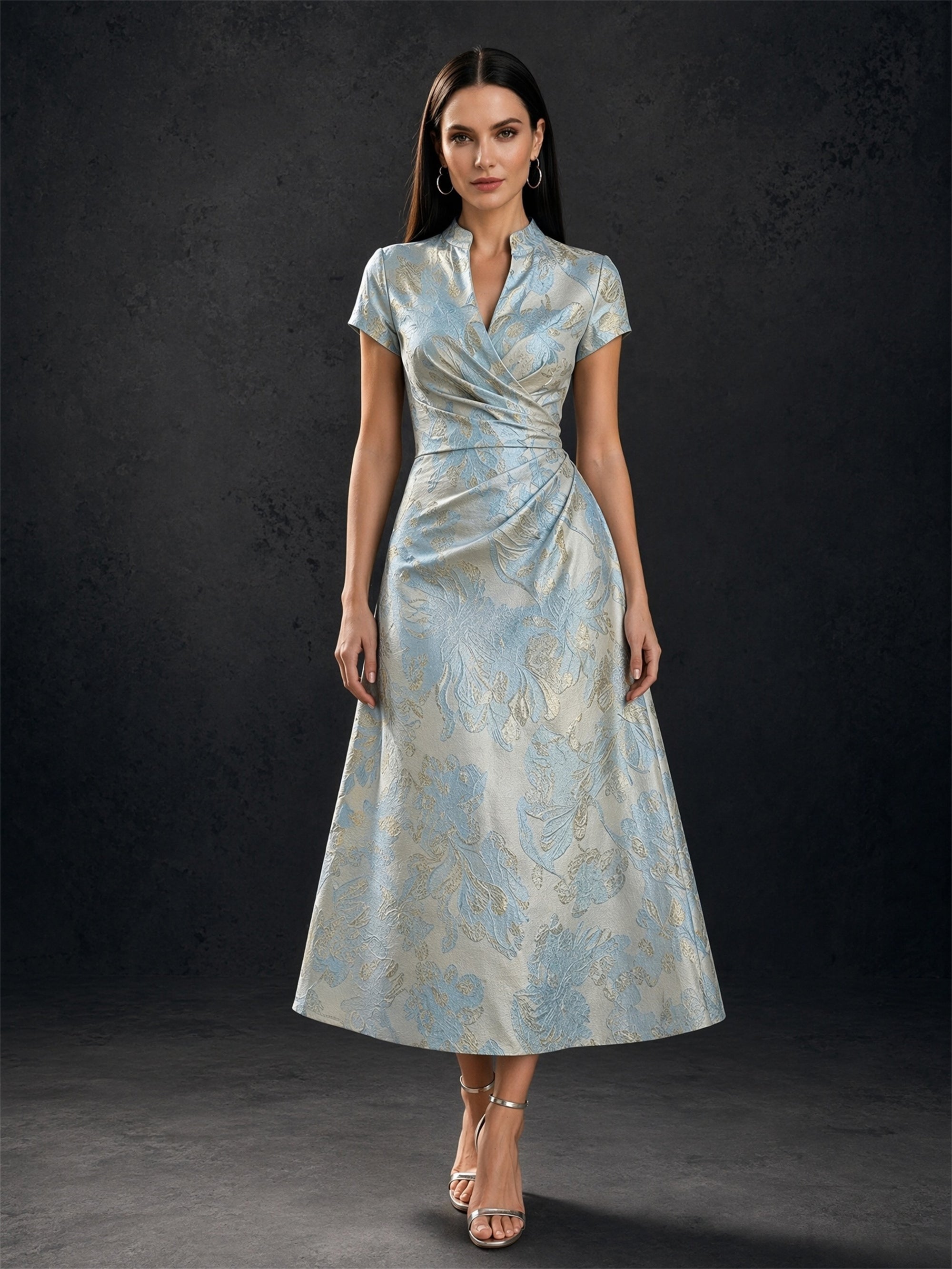 BOLODOO light blue gold floral jacquard mandarin collar split V-neck cap sleeve ruched A-line tea length dress – front full length view
