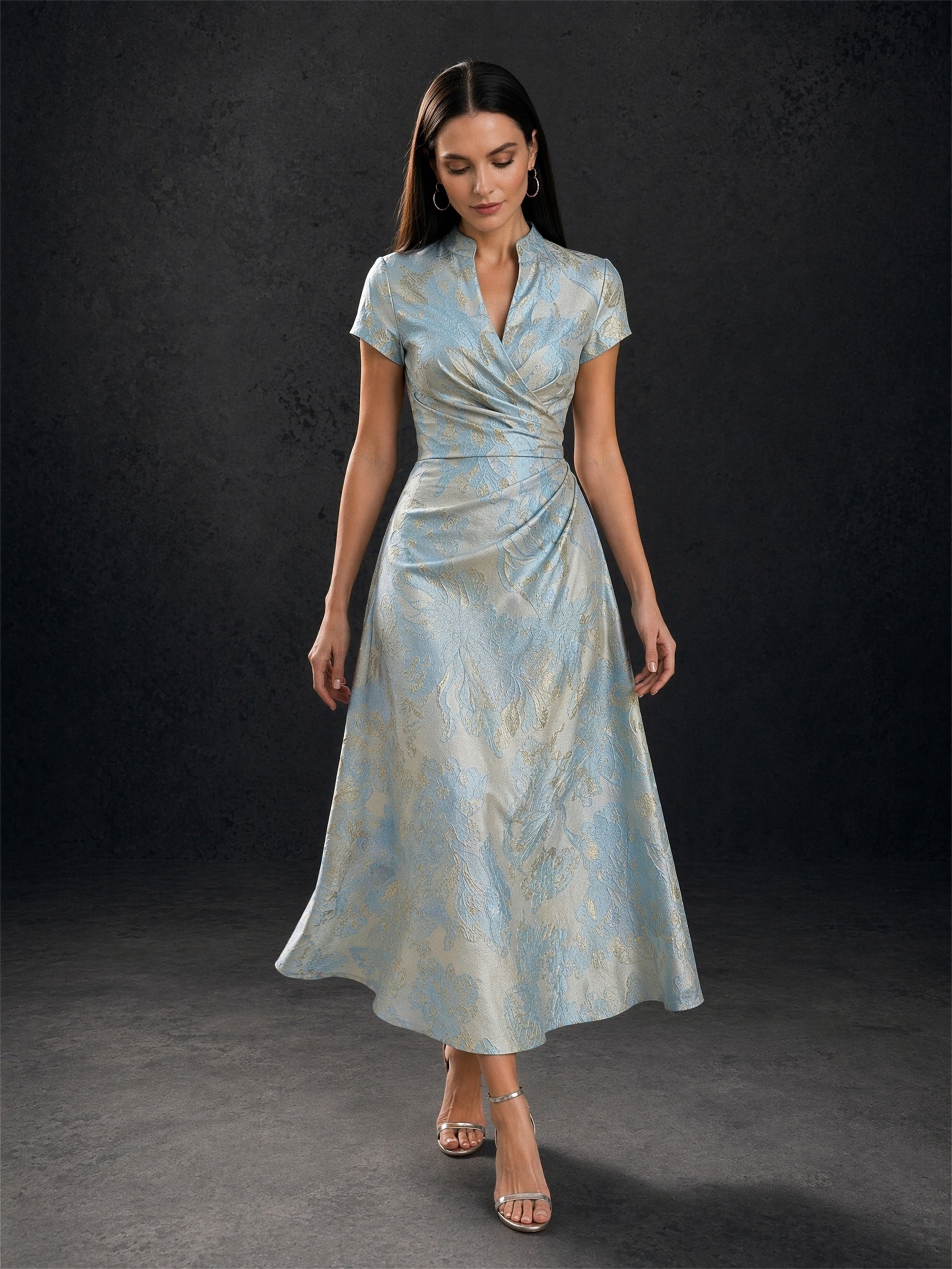 BOLODOO light blue gold jacquard dress – front standing full length view