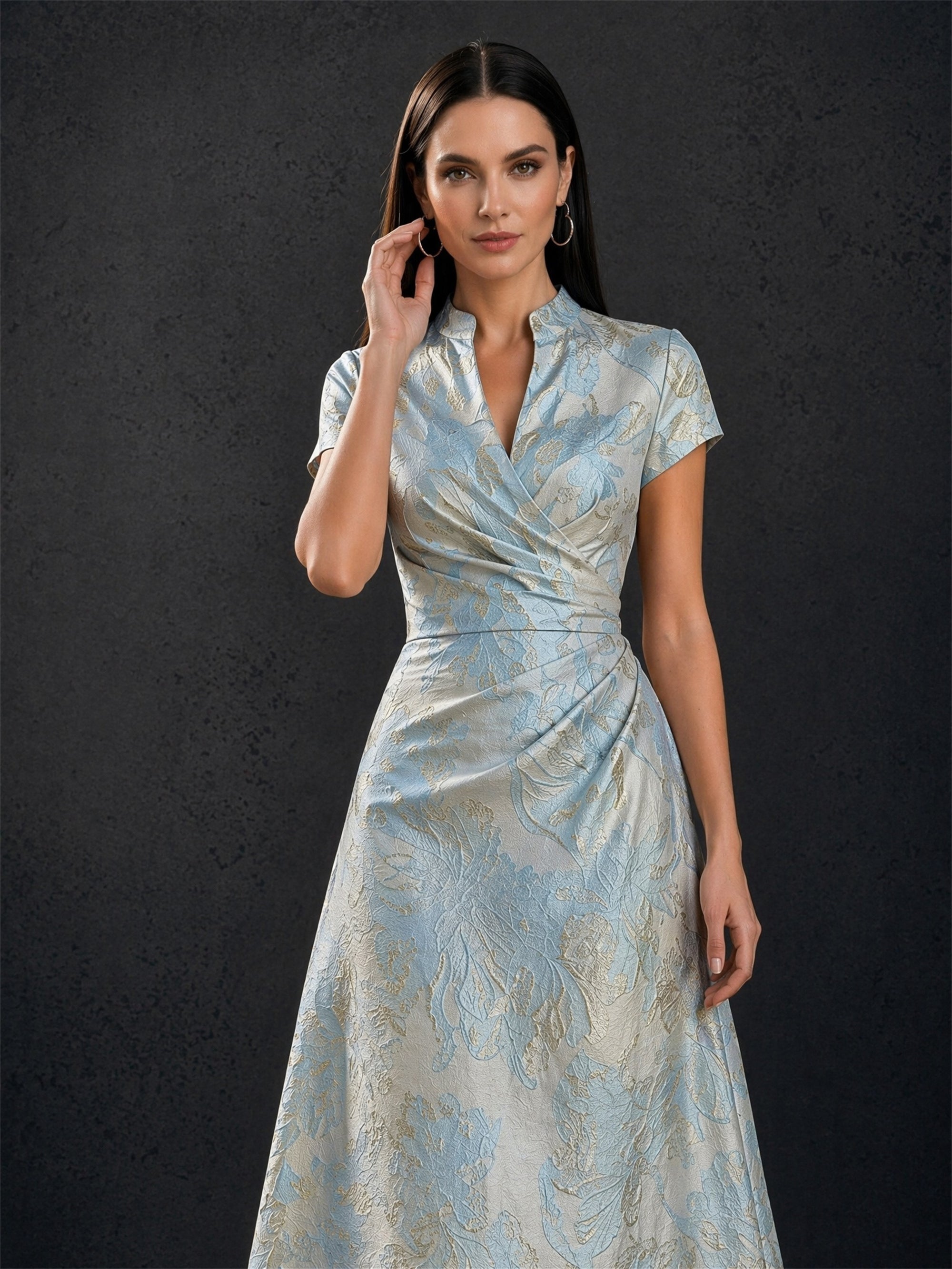 BOLODOO light blue gold jacquard dress – mandarin collar split V-neck cap sleeve and ruched waist close-up detail