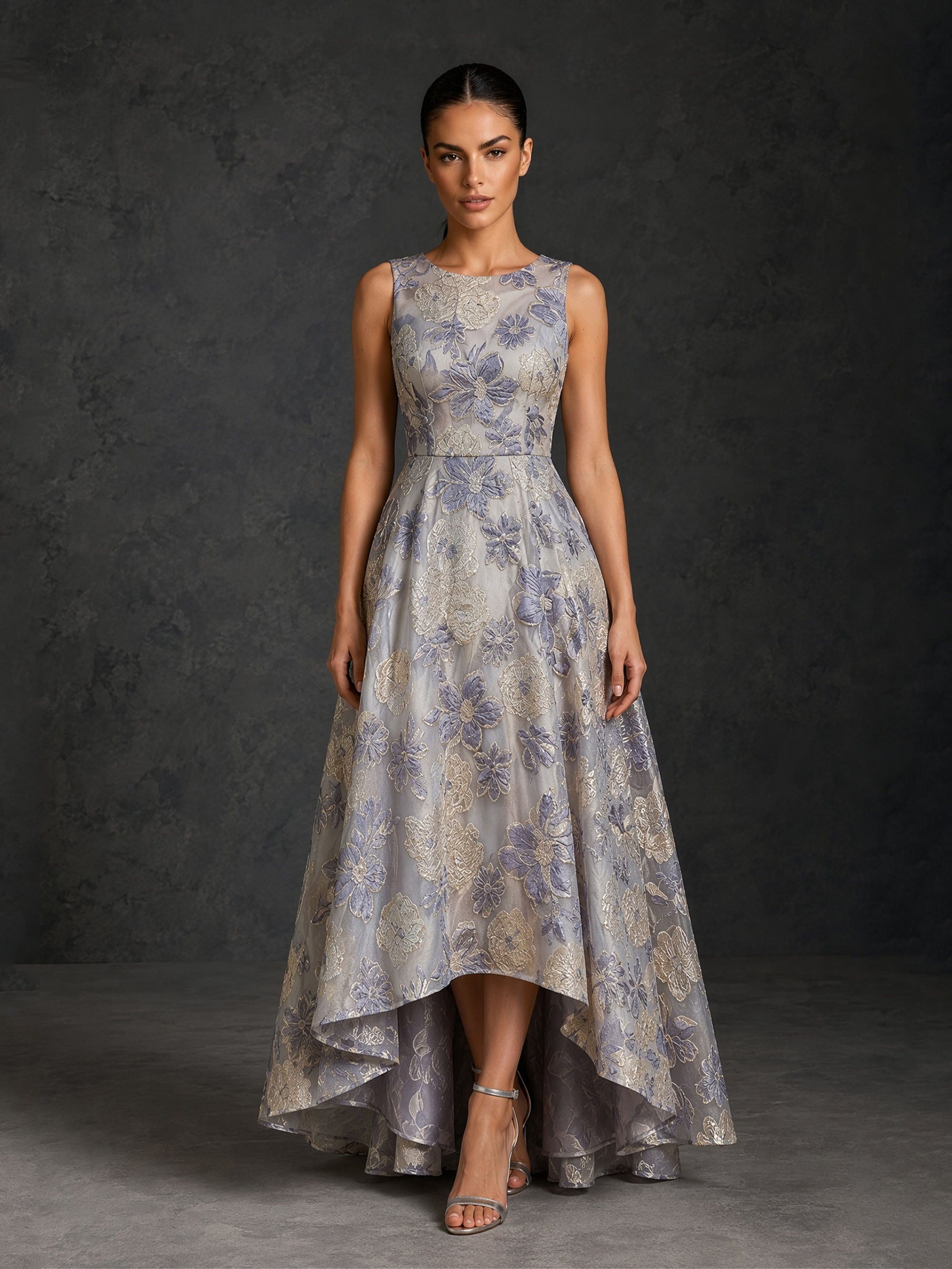 BOLODOO BD0478 blue lavender floral jacquard high-low gown – back view showing zipper and train