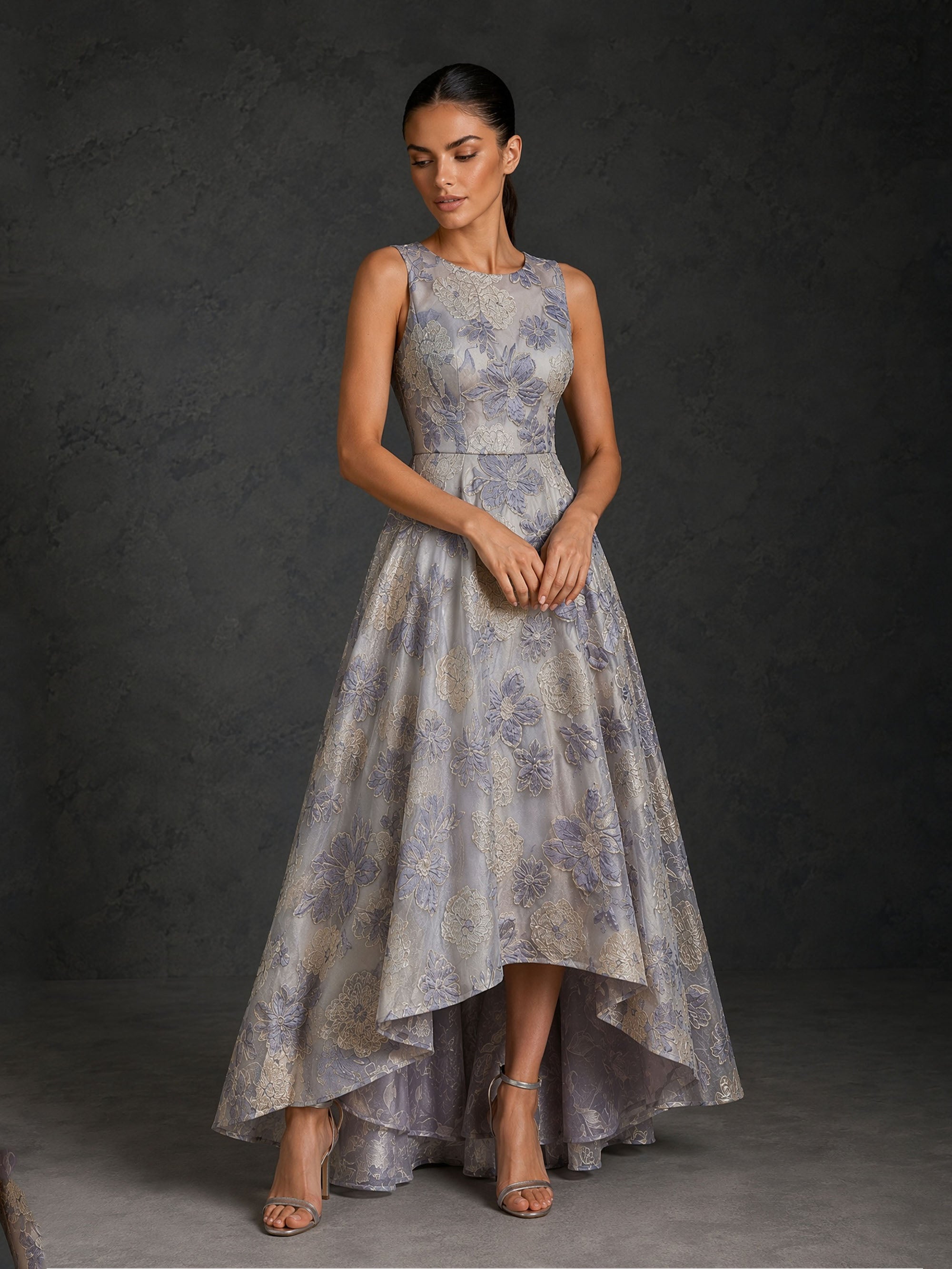 BOLODOO BD0478 blue lavender floral jacquard sleeveless high-low gown – front view full length