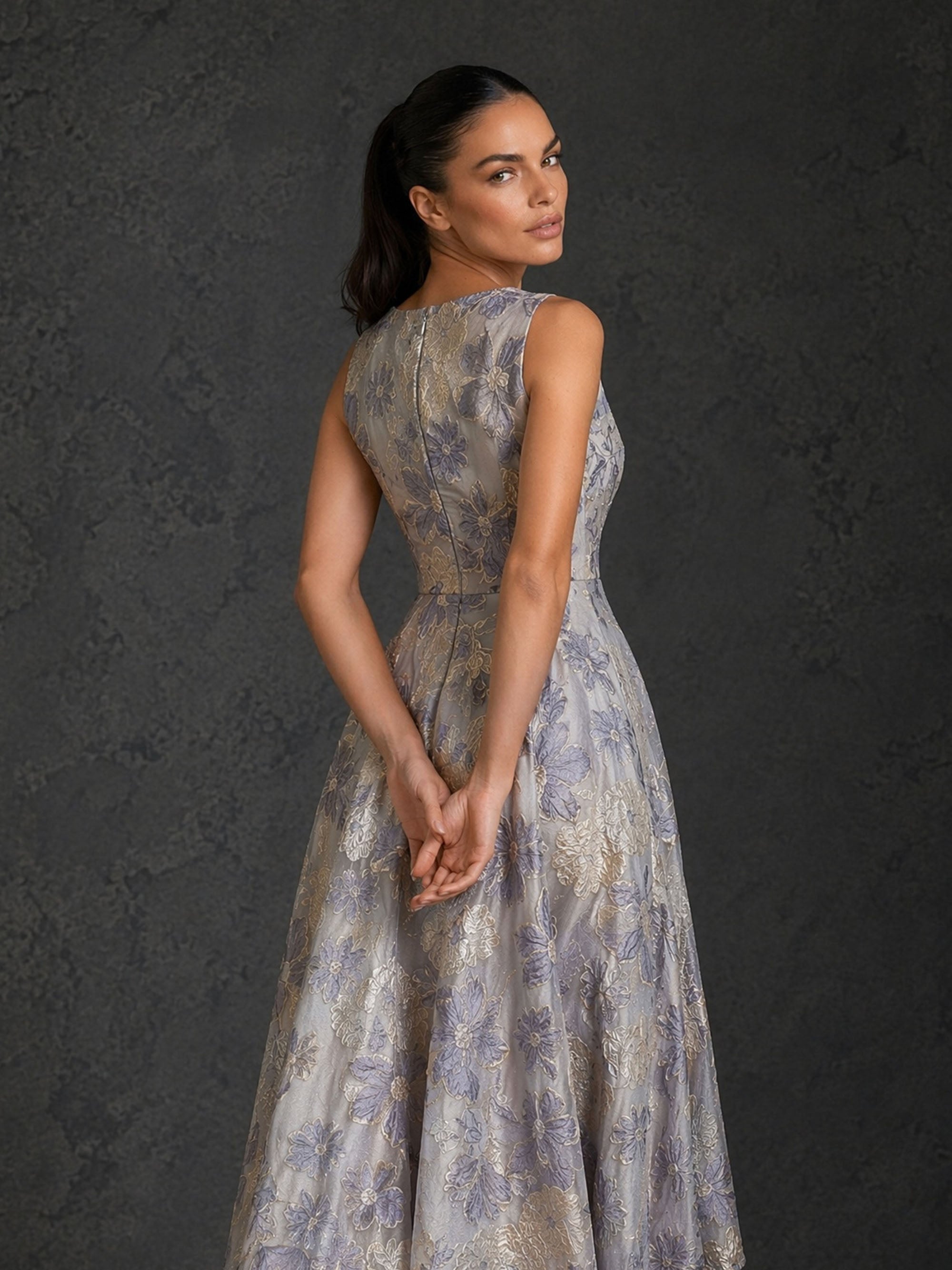BOLODOO BD0478 blue lavender floral jacquard high-low gown – front view second angle
