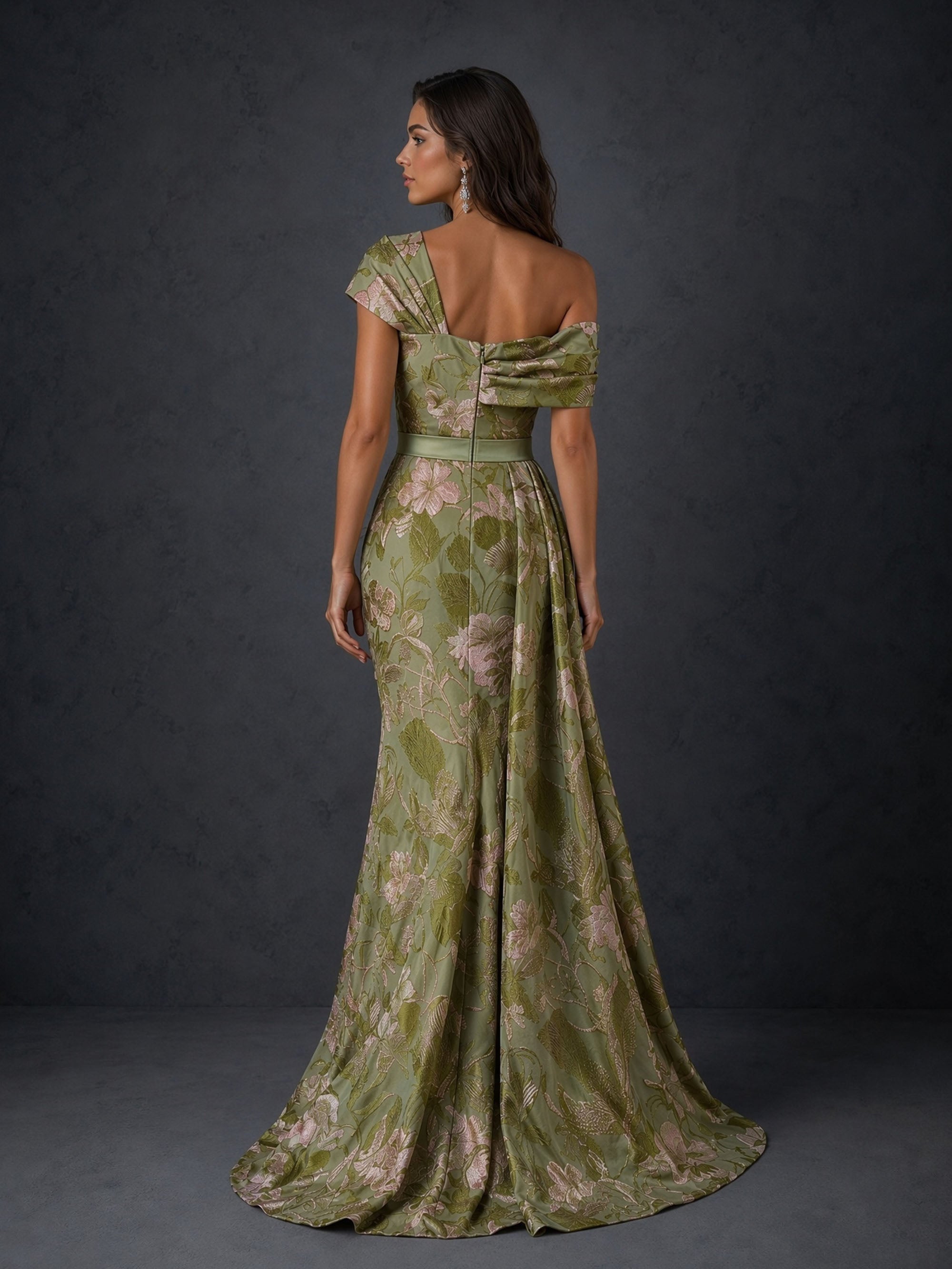 BOLODOO BD0479 olive green one-shoulder draped floral jacquard mermaid gown – front view full length
