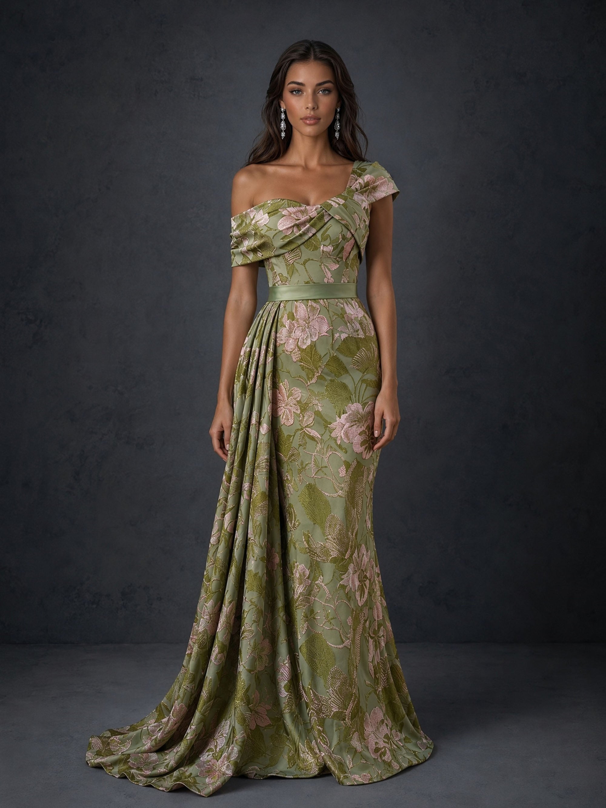 BOLODOO BD0479 olive green one-shoulder floral jacquard mermaid gown – back view showing open back and train