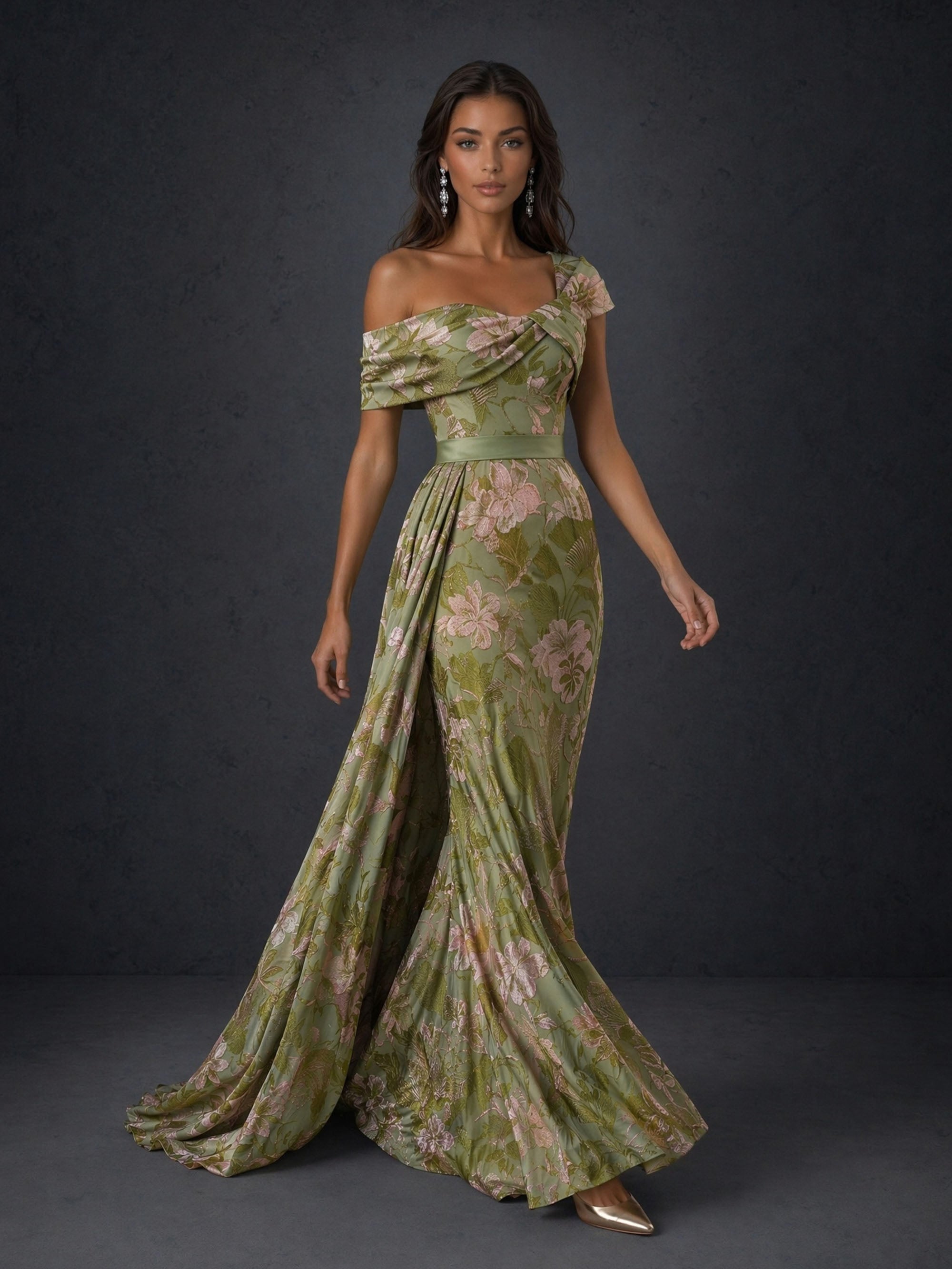 BOLODOO BD0479 olive green one-shoulder floral jacquard mermaid gown – front view second angle showing train