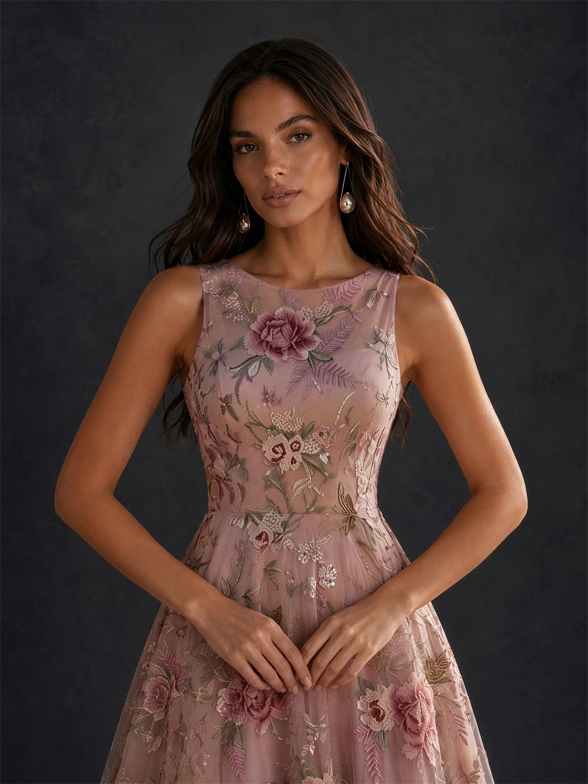 BOLODOO BD0480 dusty rose 3D floral embroidered tulle high-low gown – back view showing V-back design