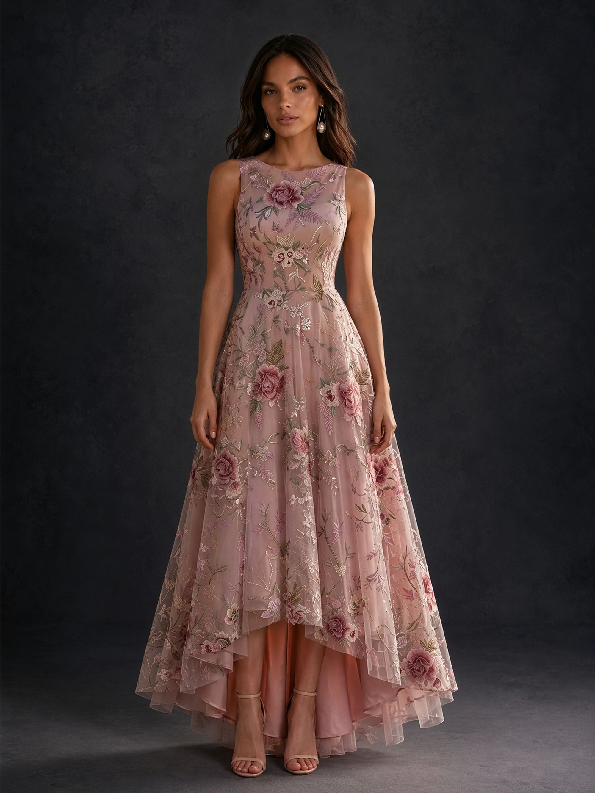 BOLODOO BD0480 dusty rose 3D floral embroidered tulle gown – upper body detail showing illusion neckline and rose appliques