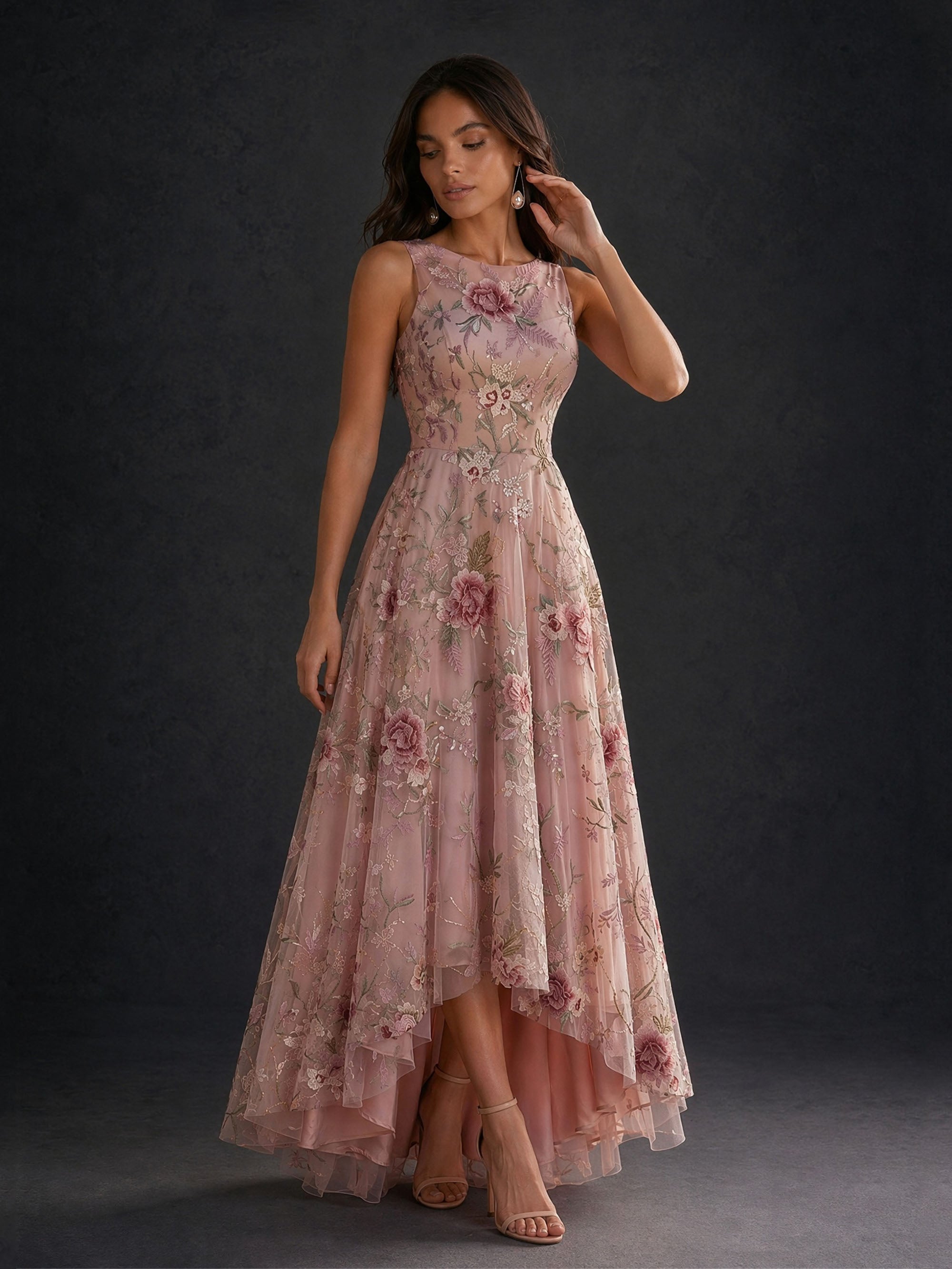 BOLODOO BD0480 dusty rose sleeveless 3D floral embroidered tulle high-low gown – front view full length