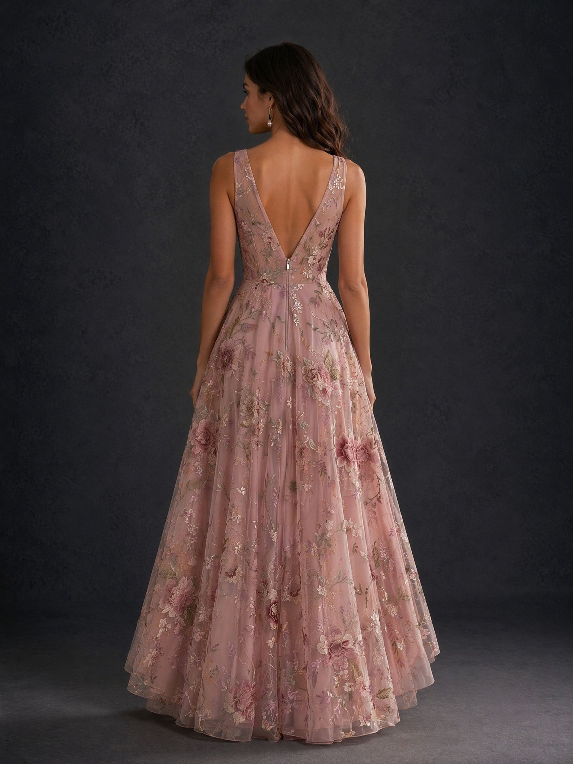 BOLODOO BD0480 dusty rose 3D floral embroidered tulle high-low gown – front view second angle showing layered hem