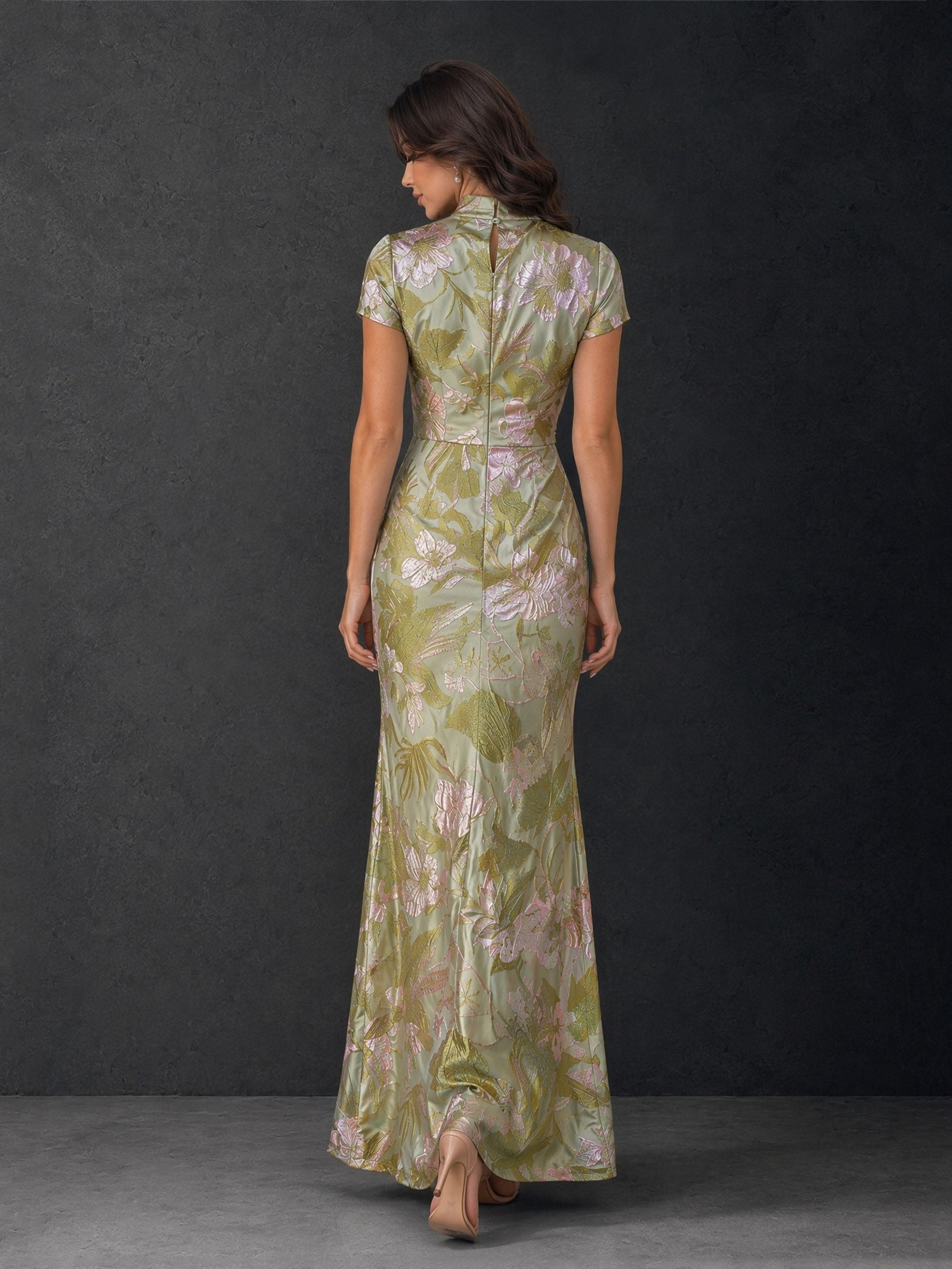 BOLODOO BD0481 gold olive metallic floral jacquard gown – upper body detail showing mandarin V-wrap neckline and fabric shimmer