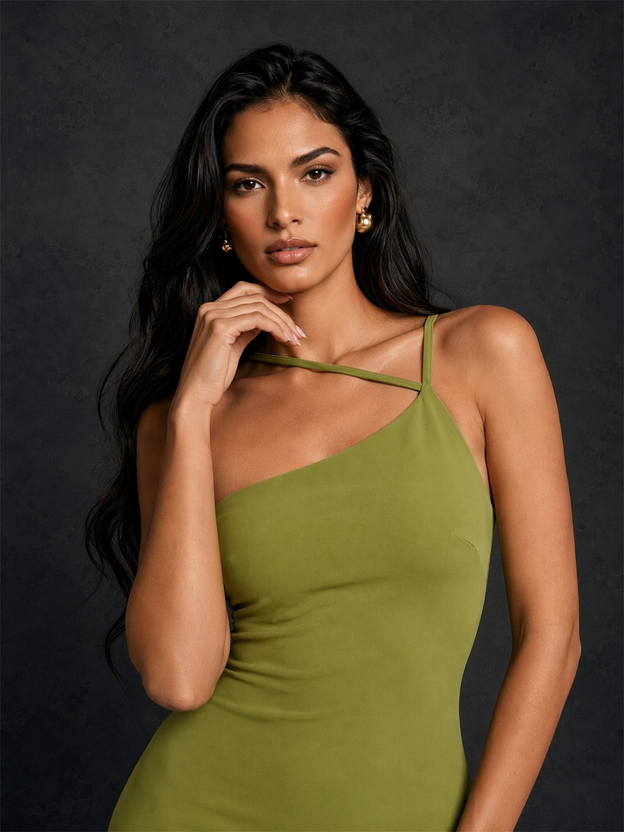 BOLODOO BD0482 olive green one-shoulder feather trim bodycon midi dress – back view showing open back design