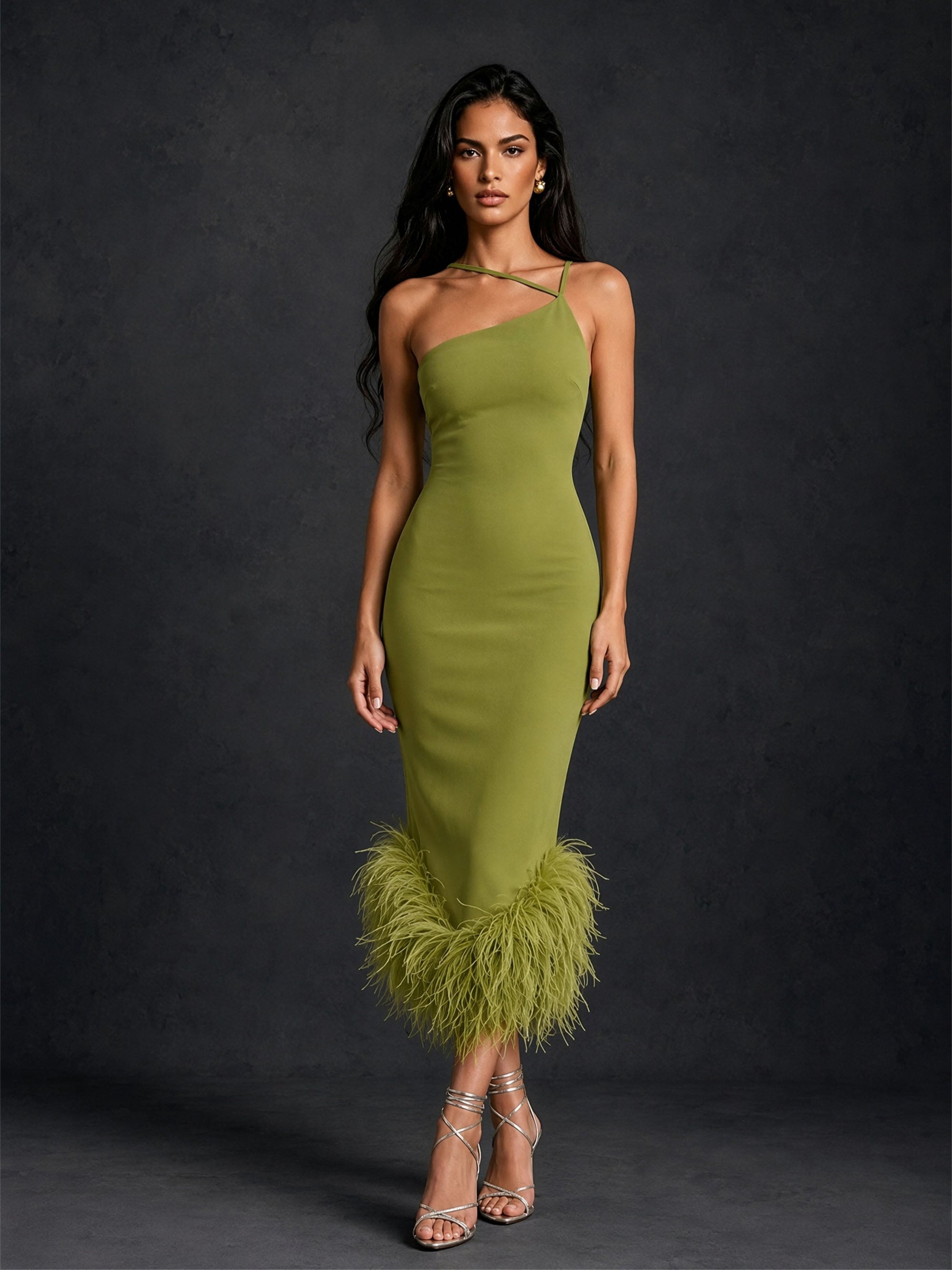 BOLODOO BD0482 olive green one-shoulder bodycon dress – upper body detail showing asymmetric strap neckline