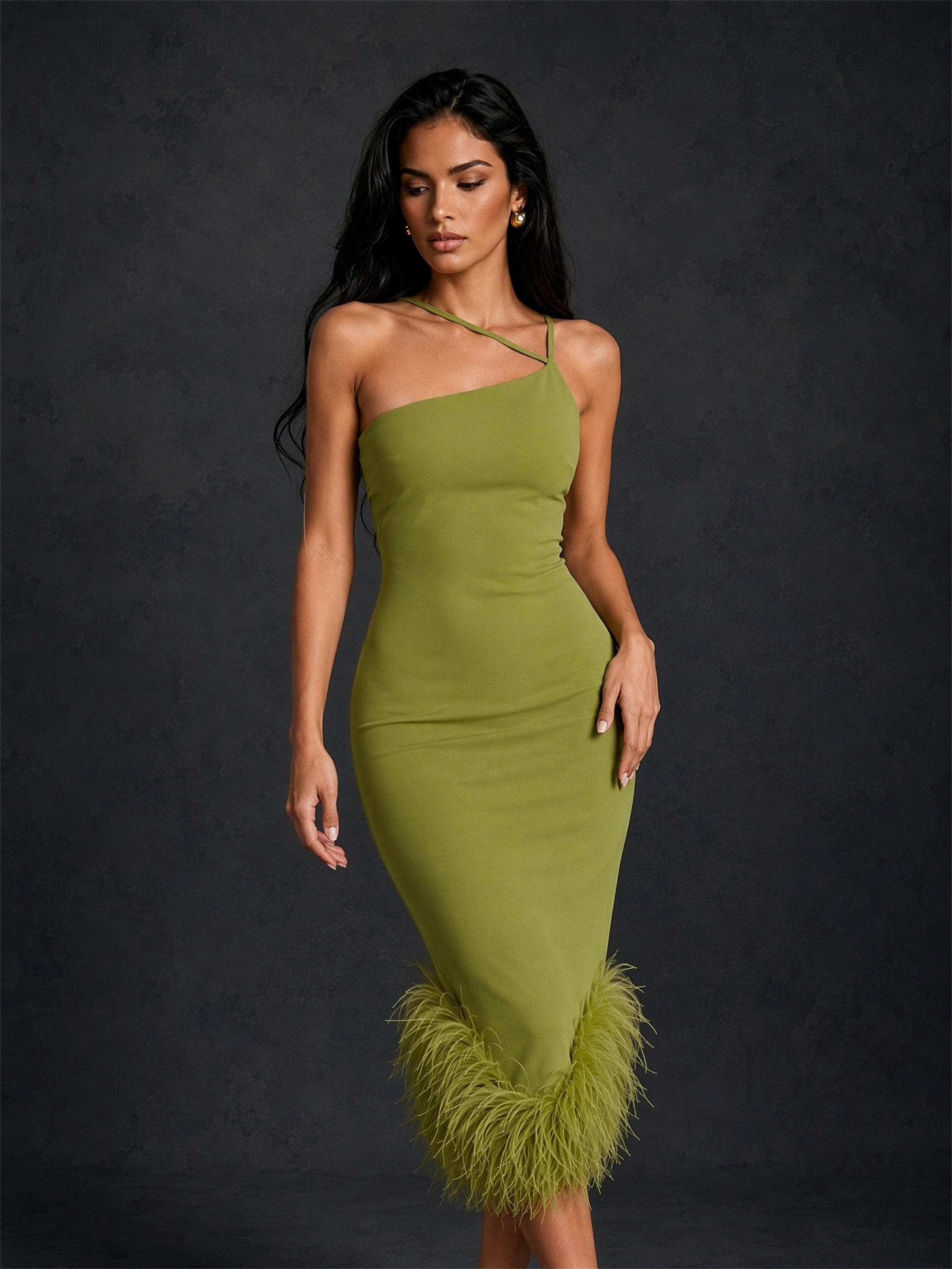 BOLODOO BD0482 olive green one-shoulder feather trim bodycon midi dress – front view full length