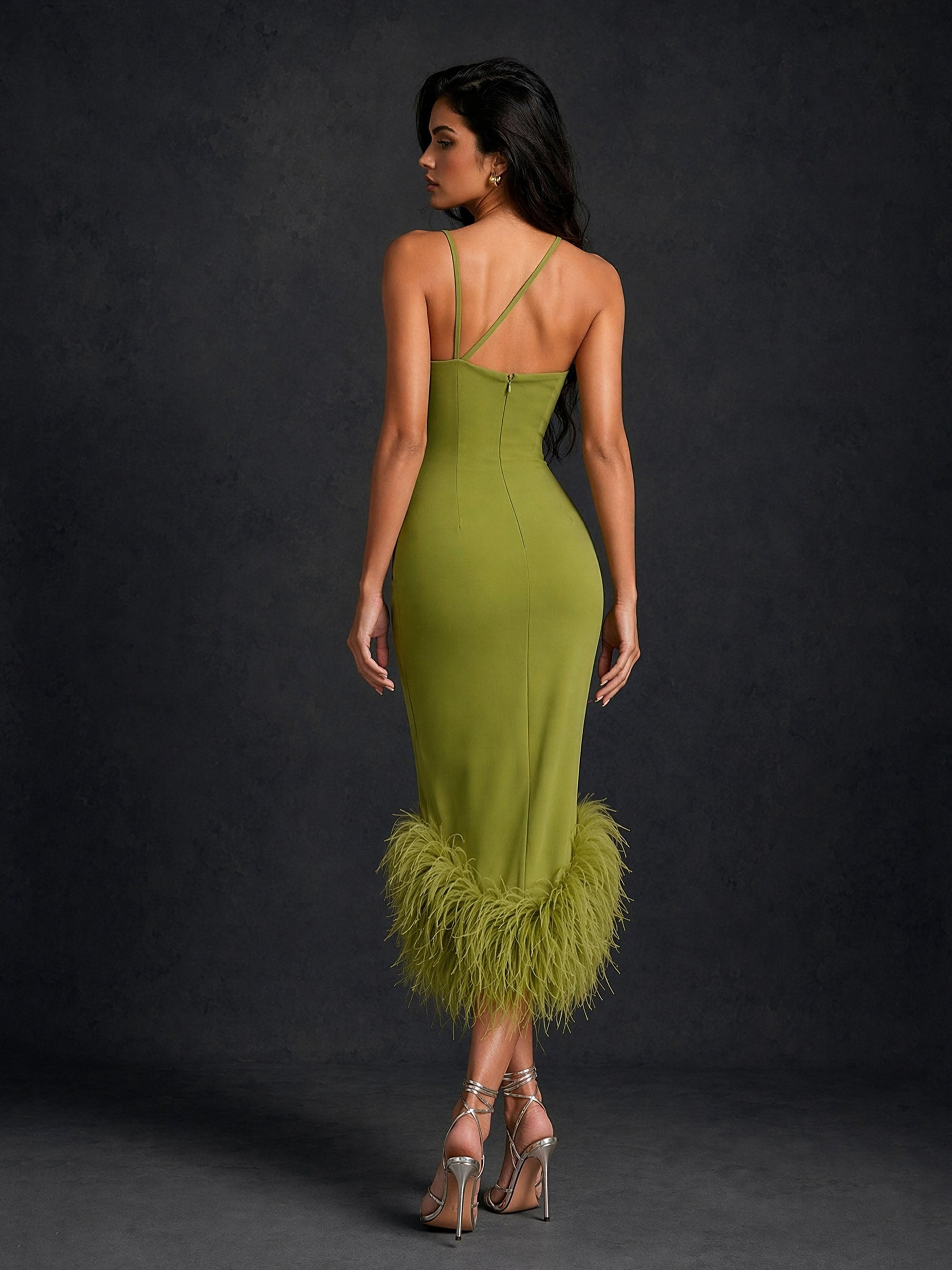 BOLODOO BD0482 olive green one-shoulder feather trim bodycon midi dress – front view second angle