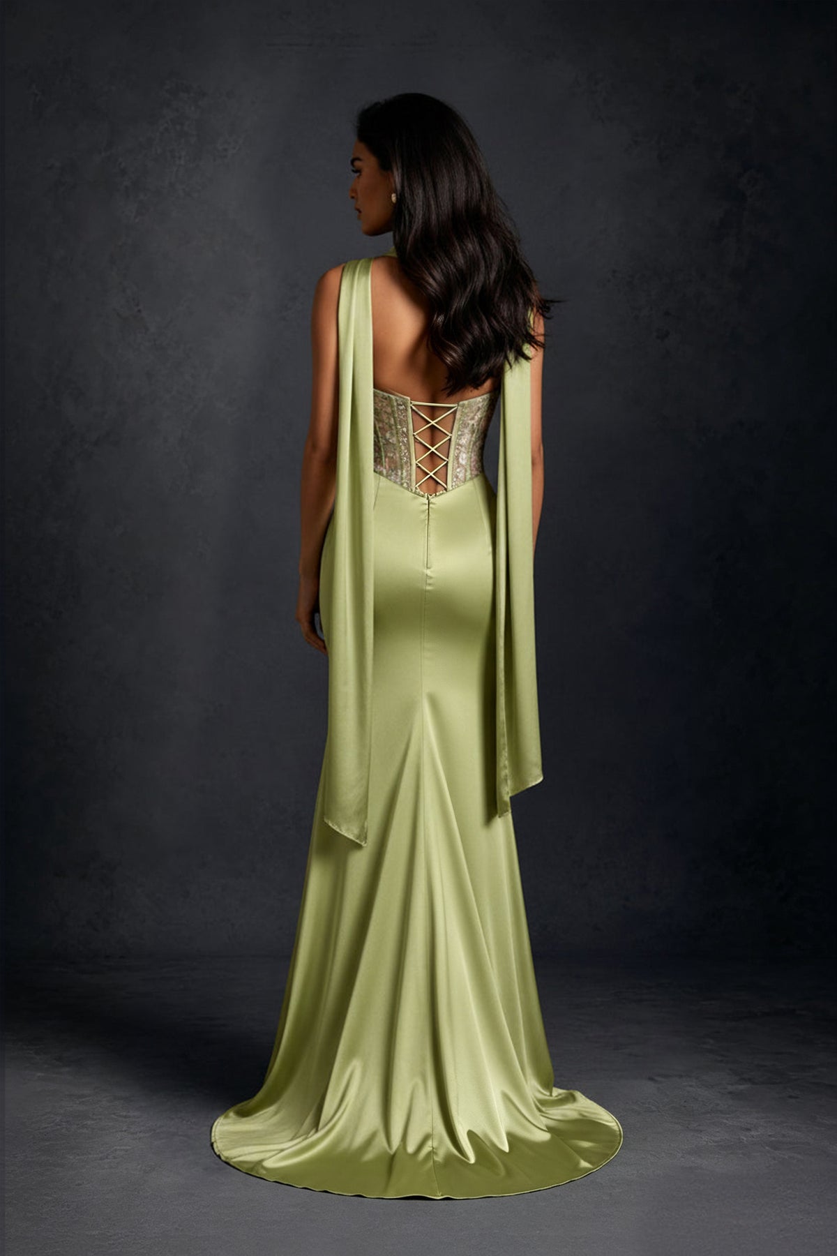 BOLODOO Sage Green Strapless Floral Embroidered Corset Satin Mermaid Gown Open Back Evening Dress BD0483 