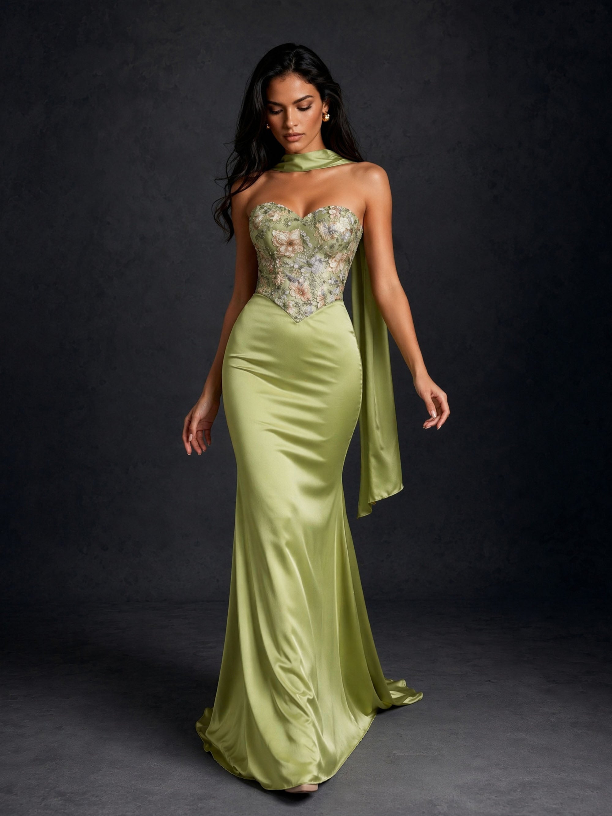 BOLODOO BD0483 sage green strapless floral embroidered corset satin mermaid gown – front view second angle showing sweep train