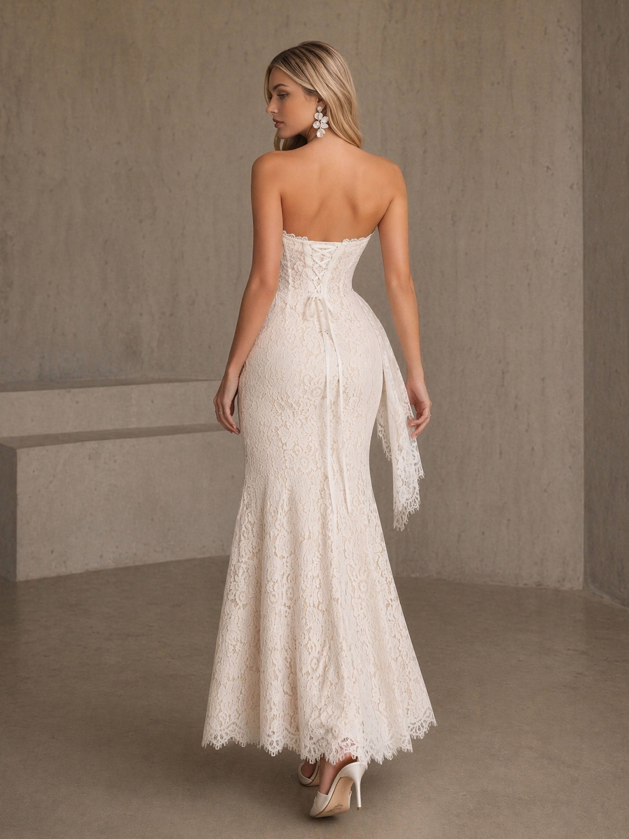 BOLODOO BD0484 ivory all-over lace boned corset mermaid gown – back view showing lace-up corset closure