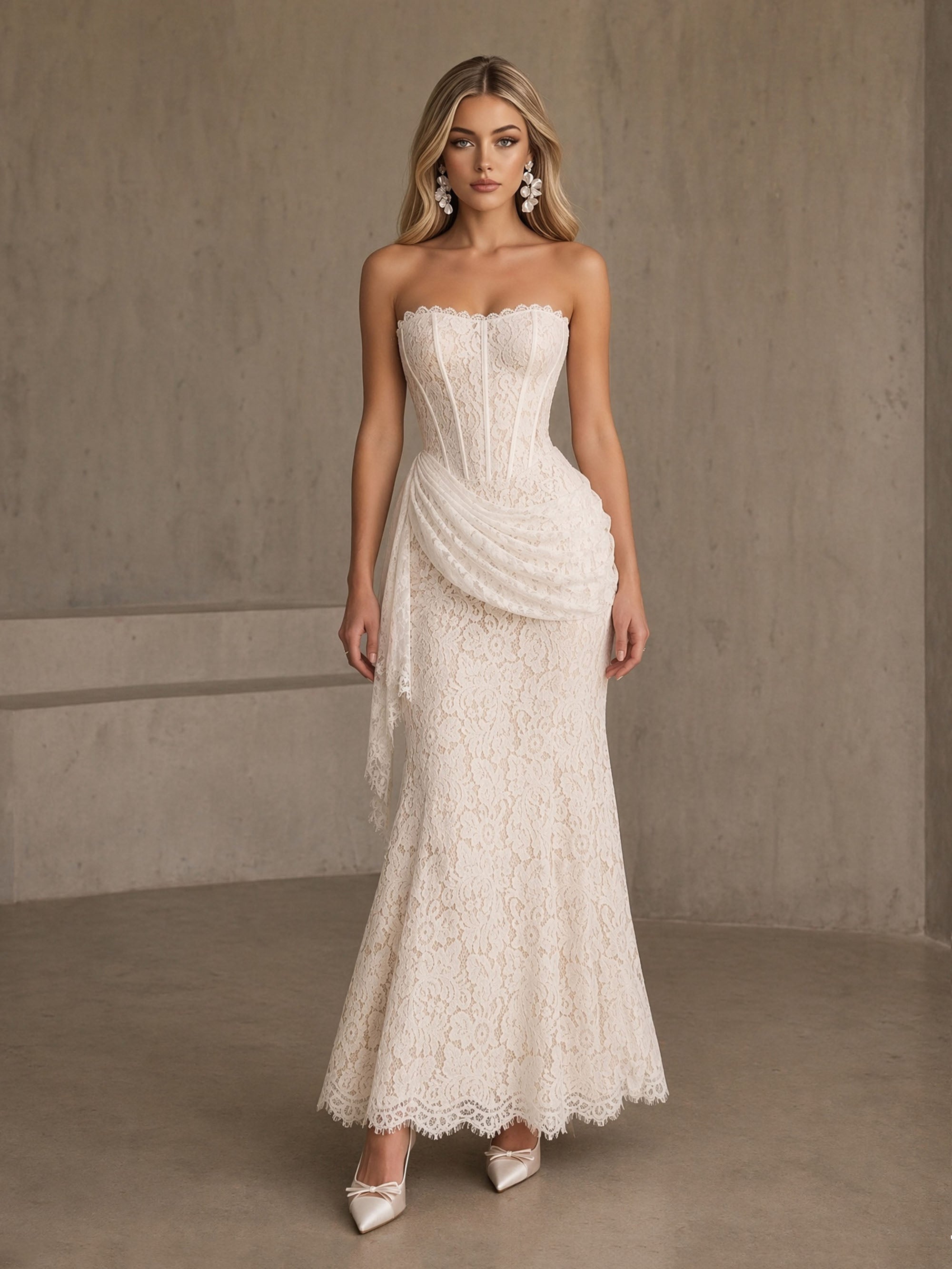 BOLODOO BD0484 ivory strapless all-over lace boned corset mermaid gown – front view full length with draped lace side panel