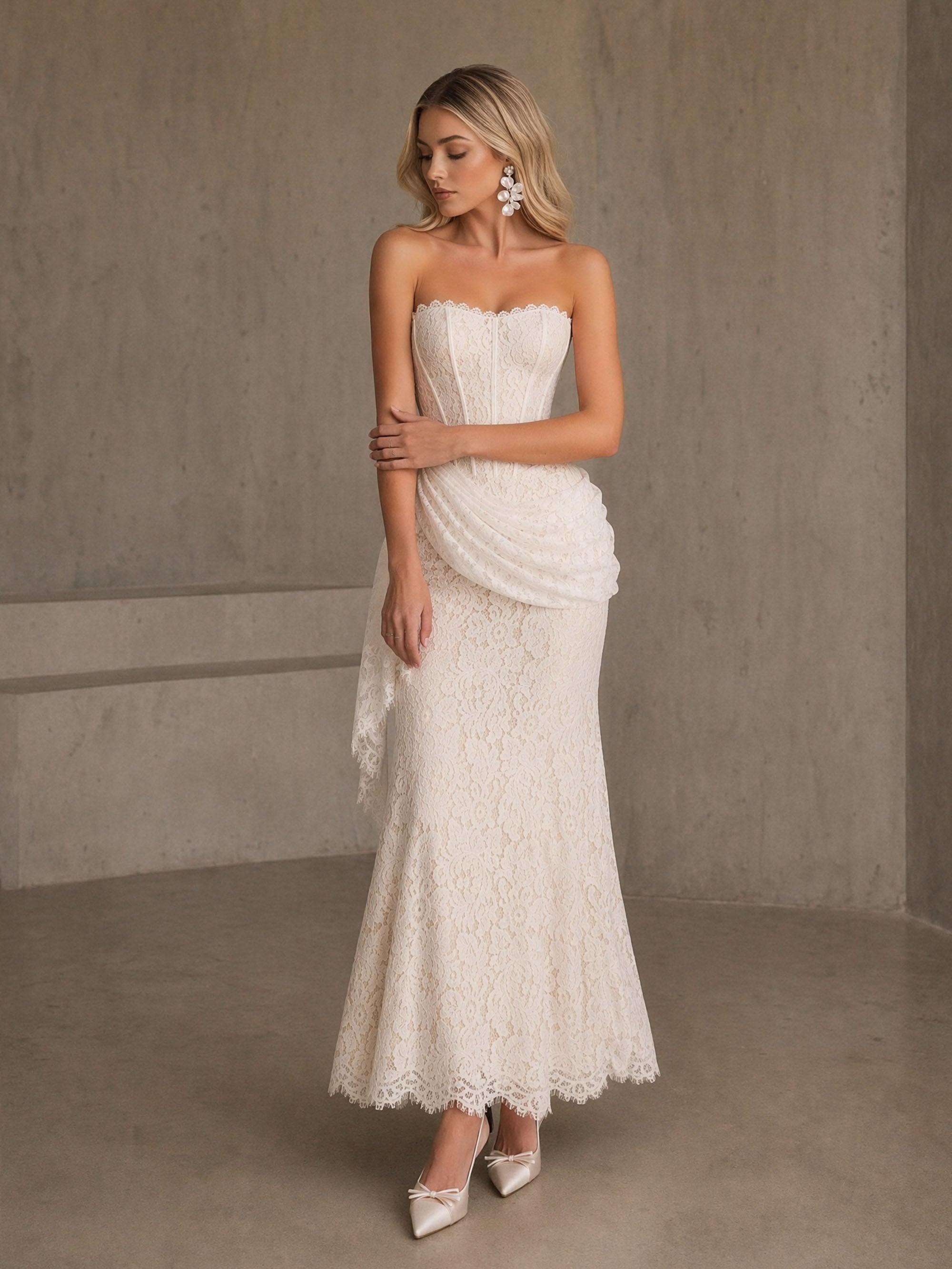 BOLODOO BD0484 ivory strapless all-over lace mermaid gown – front view second angle showing scallop hem and draped panel