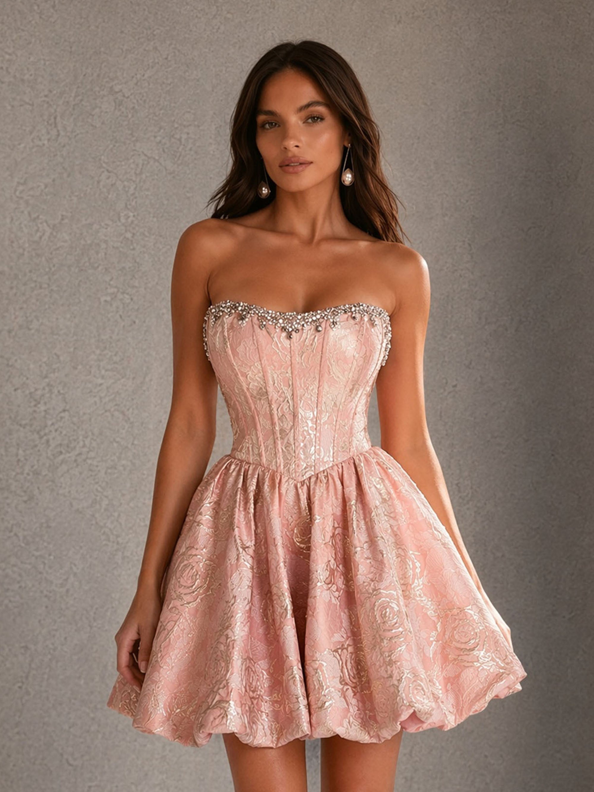 BOLODOO BD0490 Blush Pink Rose Gold Jacquard Corset Mini Dress - Front Half Body Close-Up Showing Rhinestone Neckline & Jacquard Detail