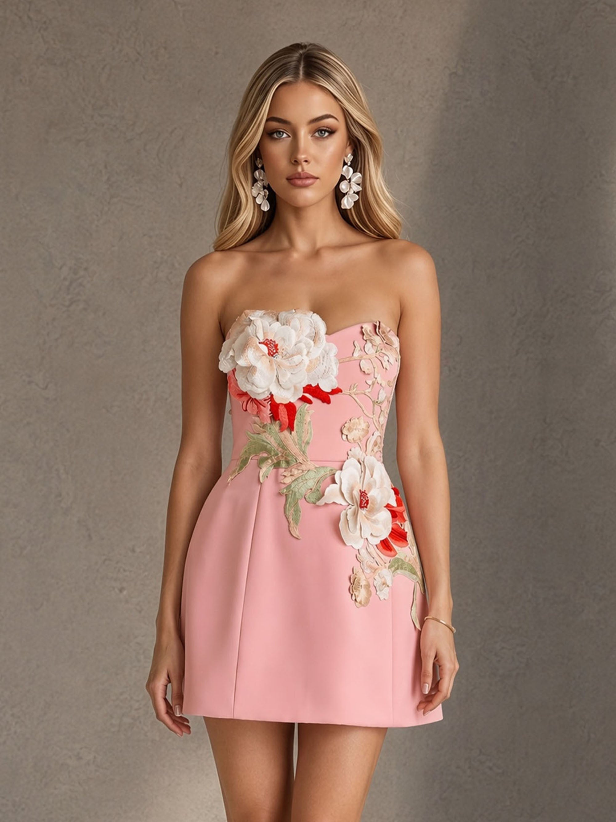 BOLODOO BD0498 Pink Oversized 3D Peony Floral Appliqué Strapless Mini Dress - Back Open Back Full Length View with Pearl Heels