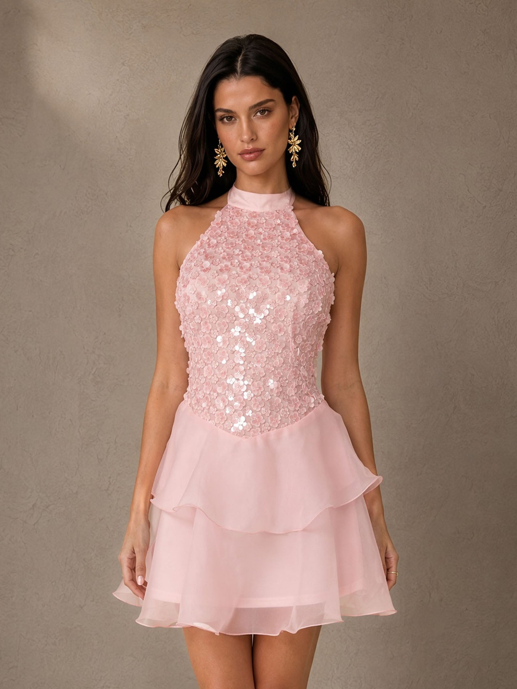 BOLODOO BD0499 Blush Pink 3D Floral Sequin Halter Mini Dress - Front Half Body Hand-to-Ear Pose with Gold Floral Earrings