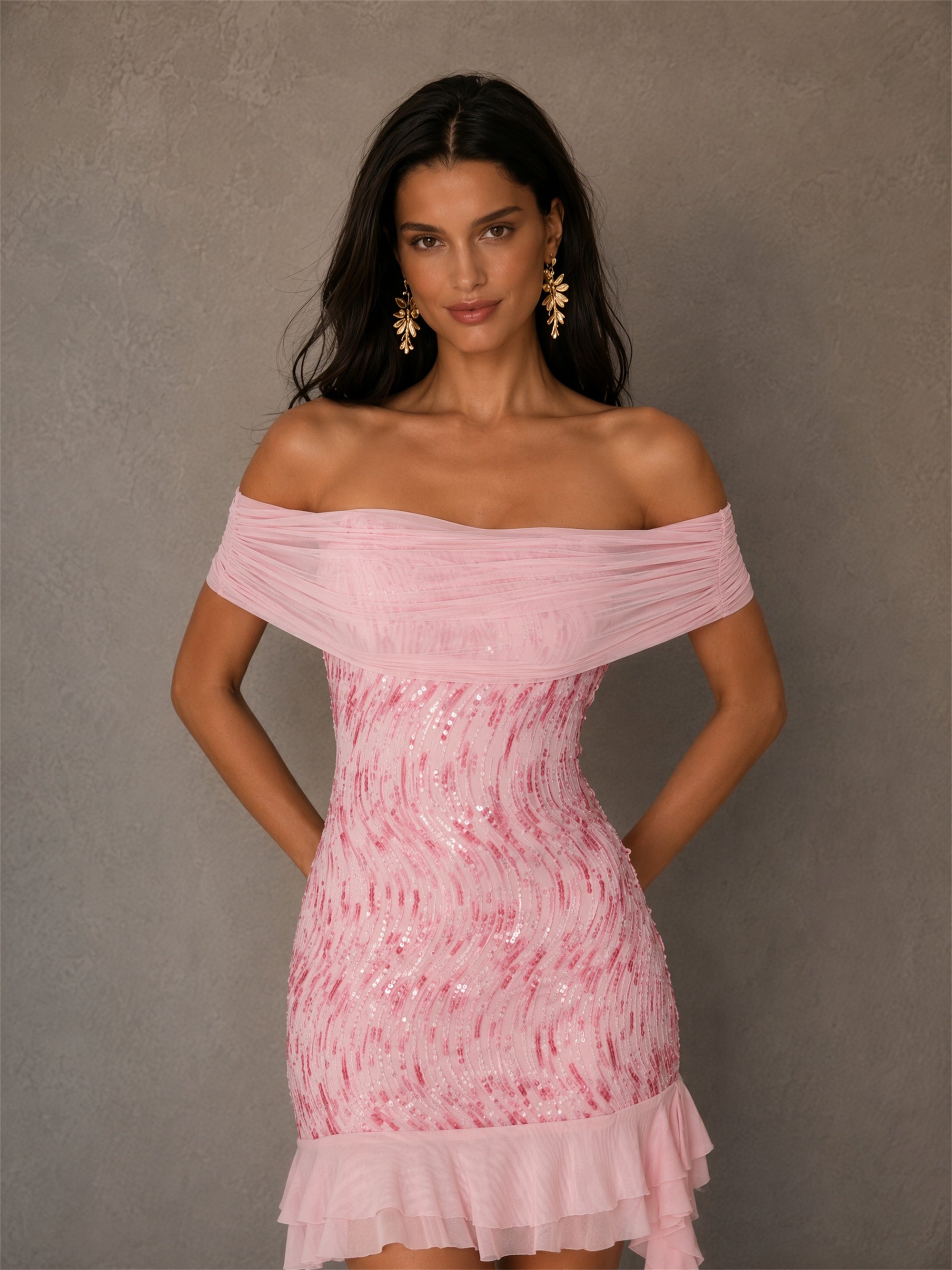 BOLODOO BD0501 Pink Wave Sequin Off-Shoulder Asymmetric Ruffle Bodycon Mini Dress - Front Half Body Close-Up Showing Sequin & Bardot Collar with Gold Earrings