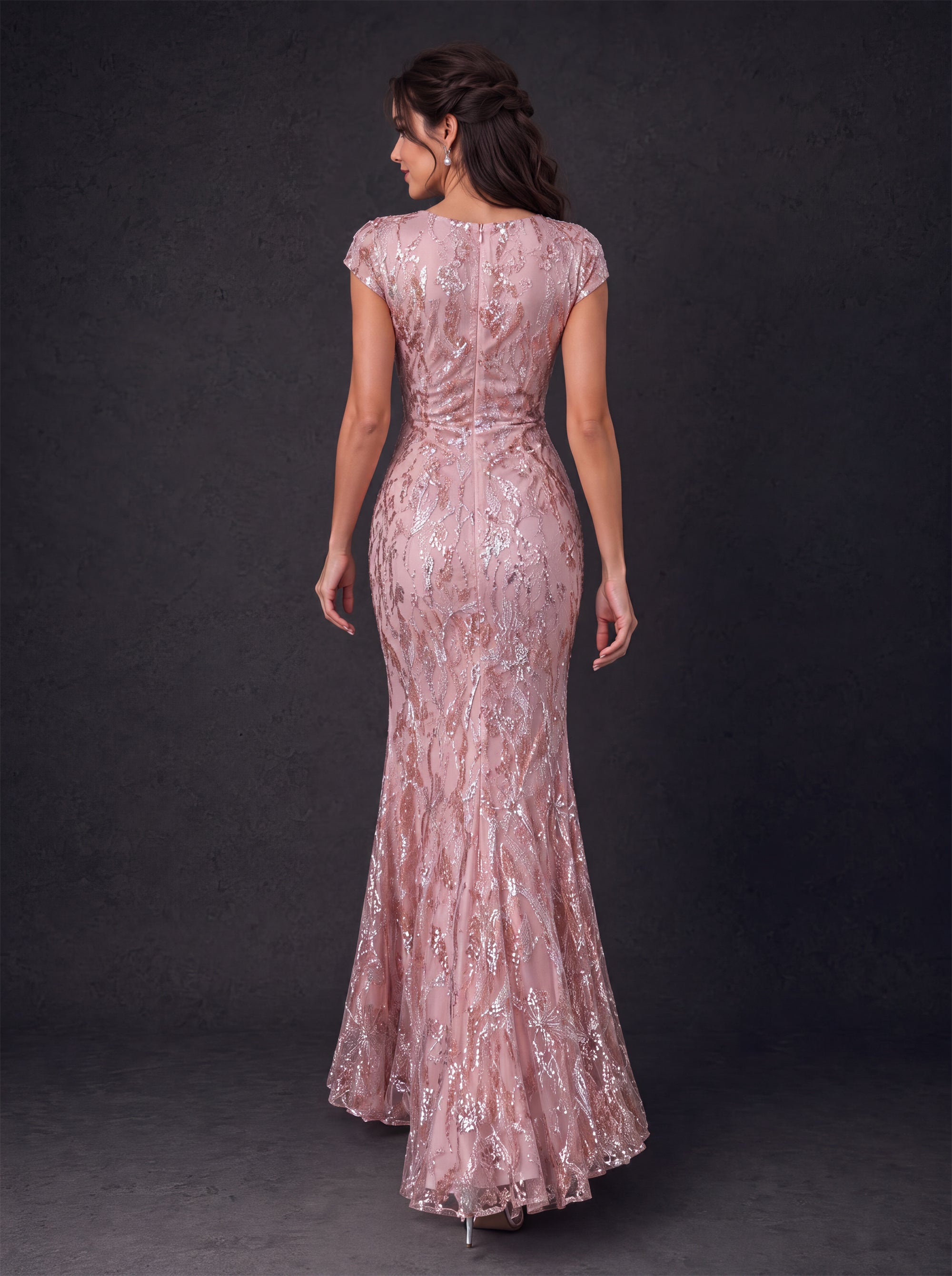 BOLODOO BD0502 dusty rose sequin mermaid evening gown – front view with 3D floral corsage