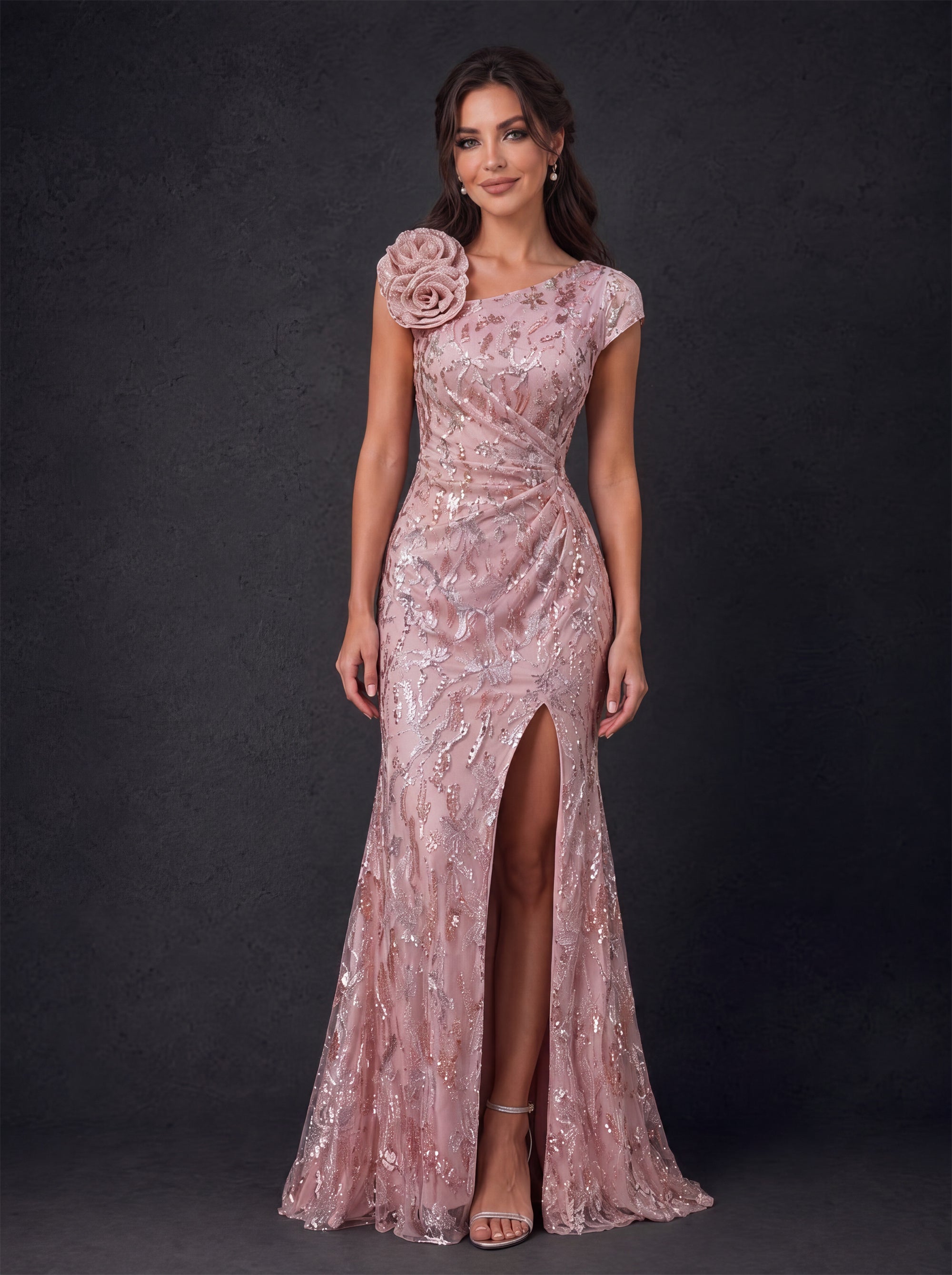 BOLODOO BD0502 dusty rose sequin mermaid gown – back view showing covered back and sweep train