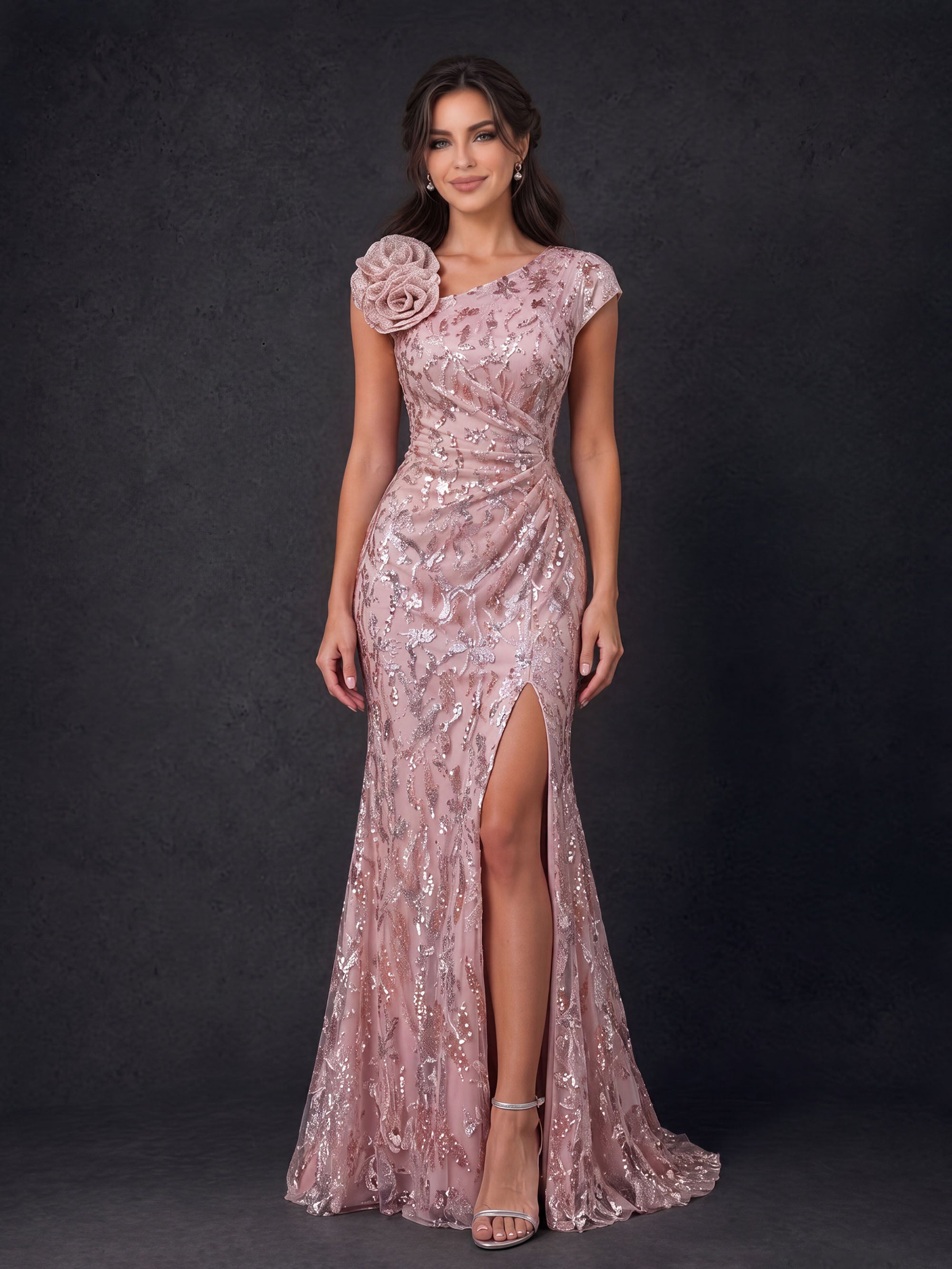 BOLODOO BD0502 dusty rose sequin mermaid gown – three-quarter front view showing front slit