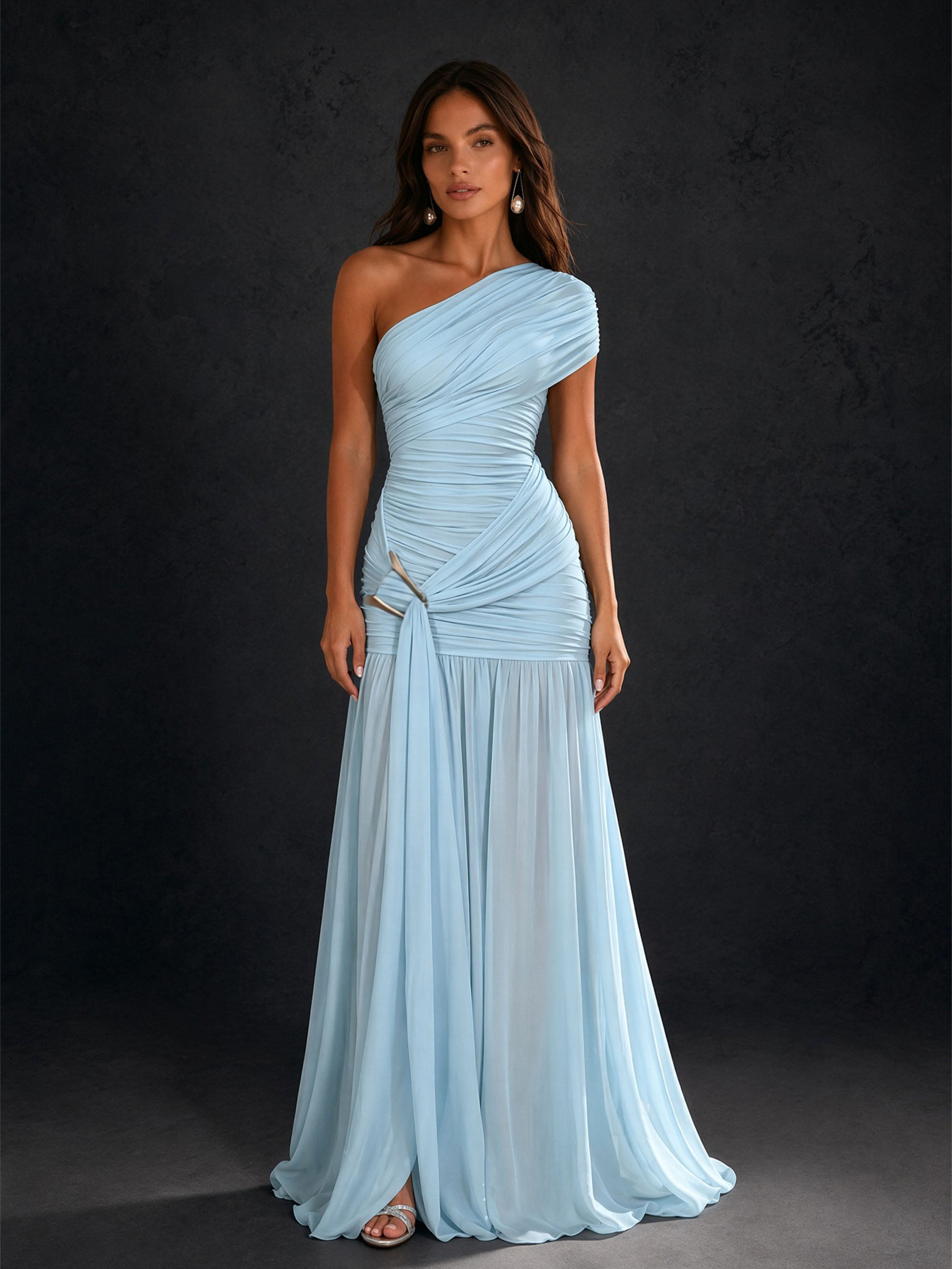 BOLODOO BD0504 ice blue ruched one-shoulder maxi gown – upper body close-up showing ruched bodice and one-shoulder neckline