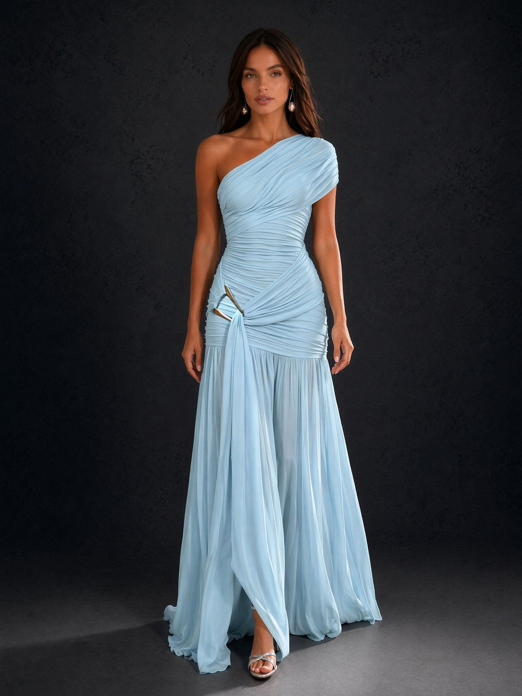 BOLODOO BD0504 ice blue ruched one-shoulder maxi gown – detail close-up of ruching texture and metal ring waist accent