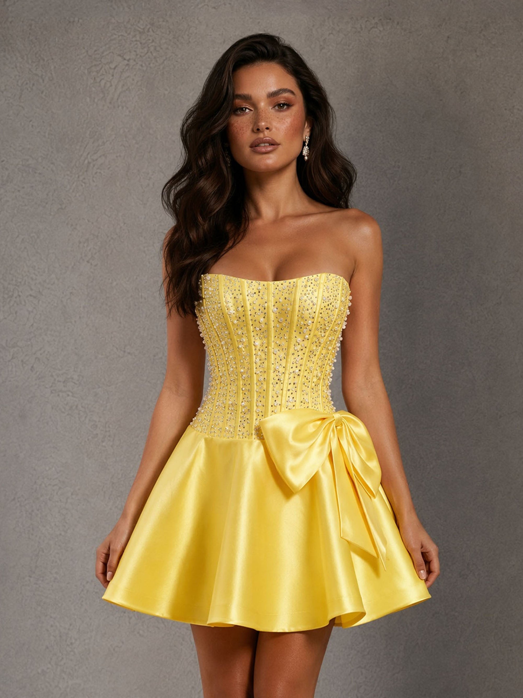 BOLODOO BD0505 yellow pearl beaded corset mini dress – back view showing open back and oversized satin bow detail
