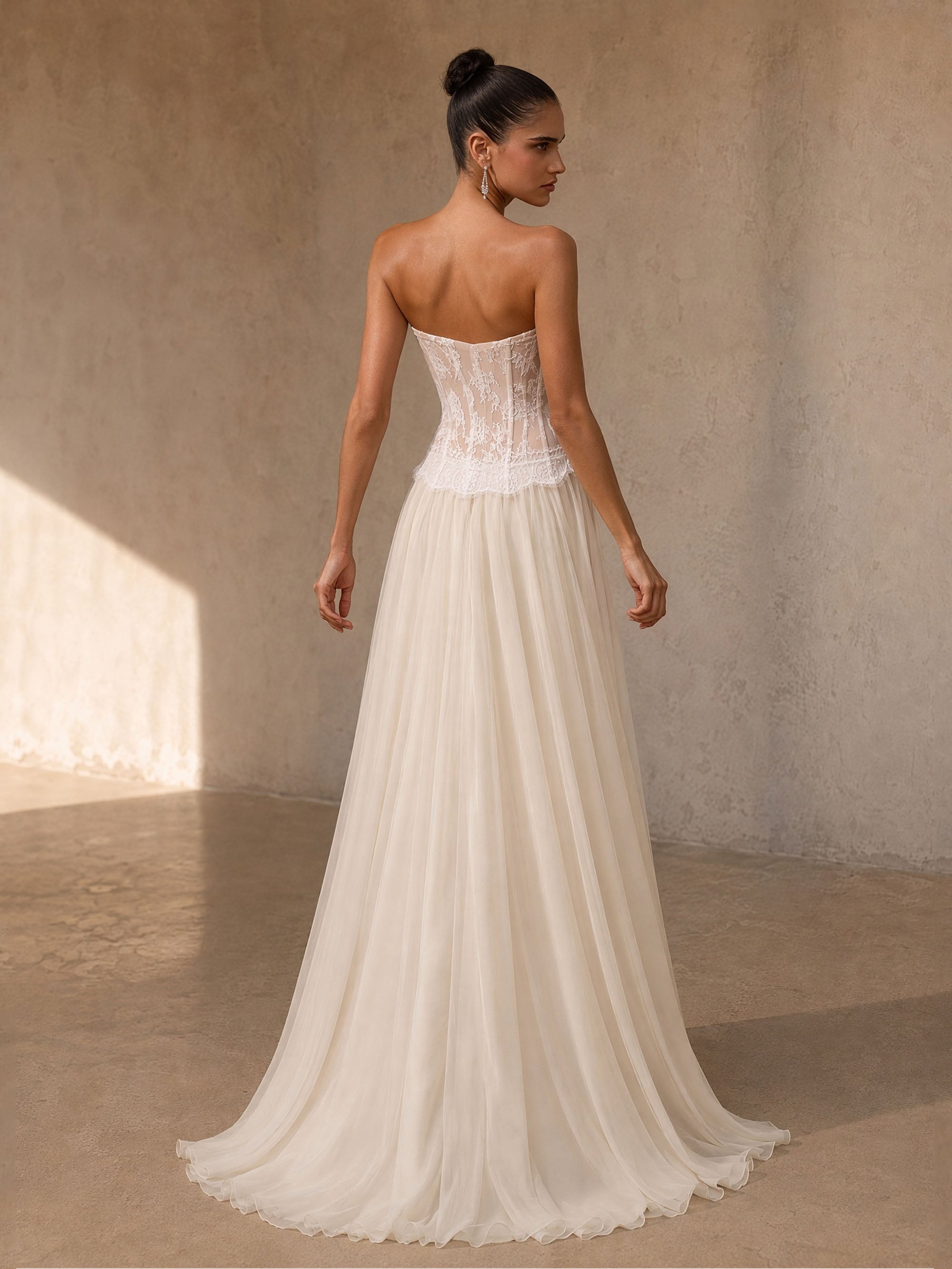BOLODOO BD0508 ivory sheer lace corset strapless wedding gown – upper body close-up showing sheer floral lace corset bodice and scalloped waist detail