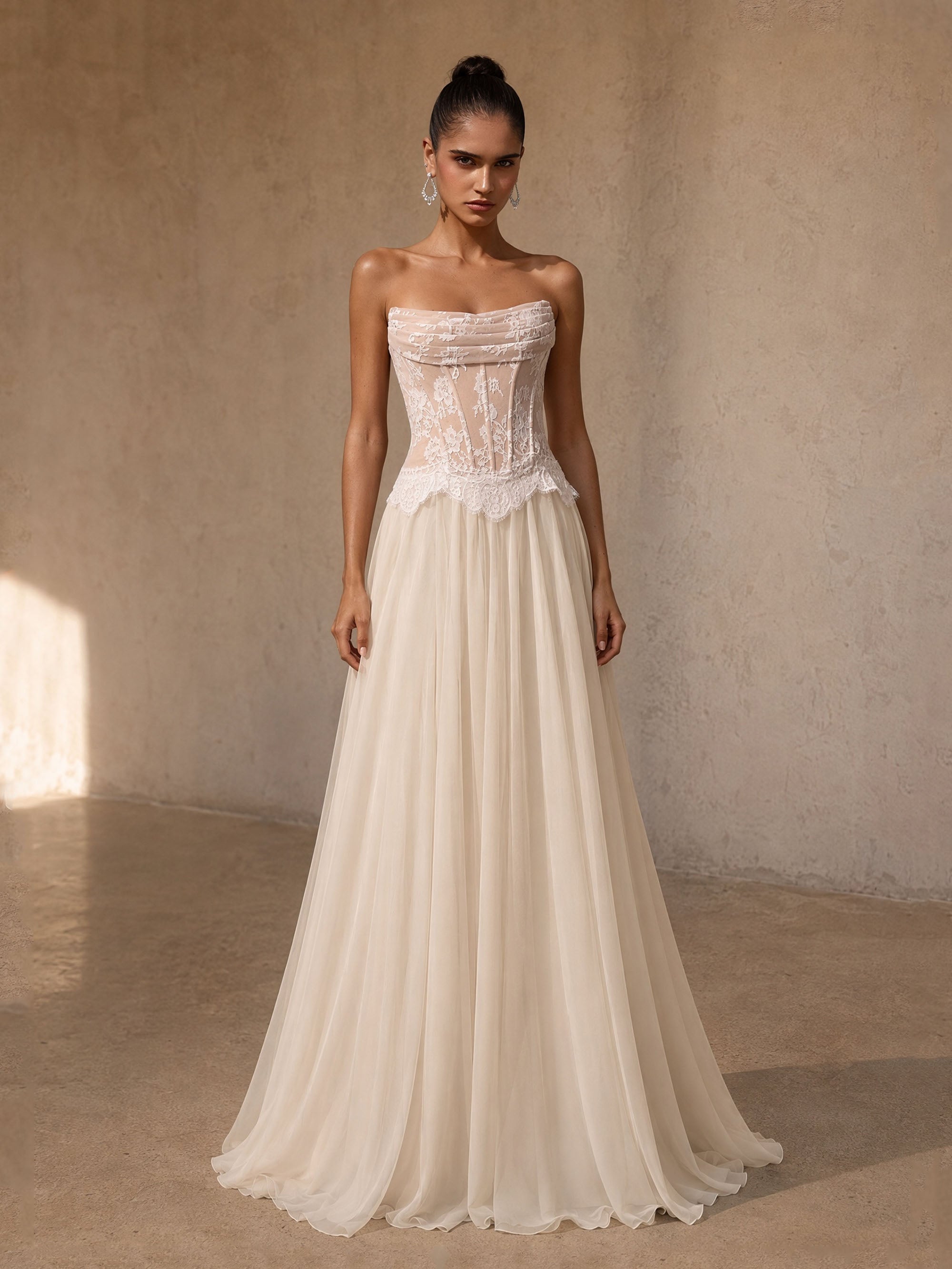 BOLODOO BD0508 ivory sheer lace corset strapless wedding gown – back view showing open back corset structure and sweep train
