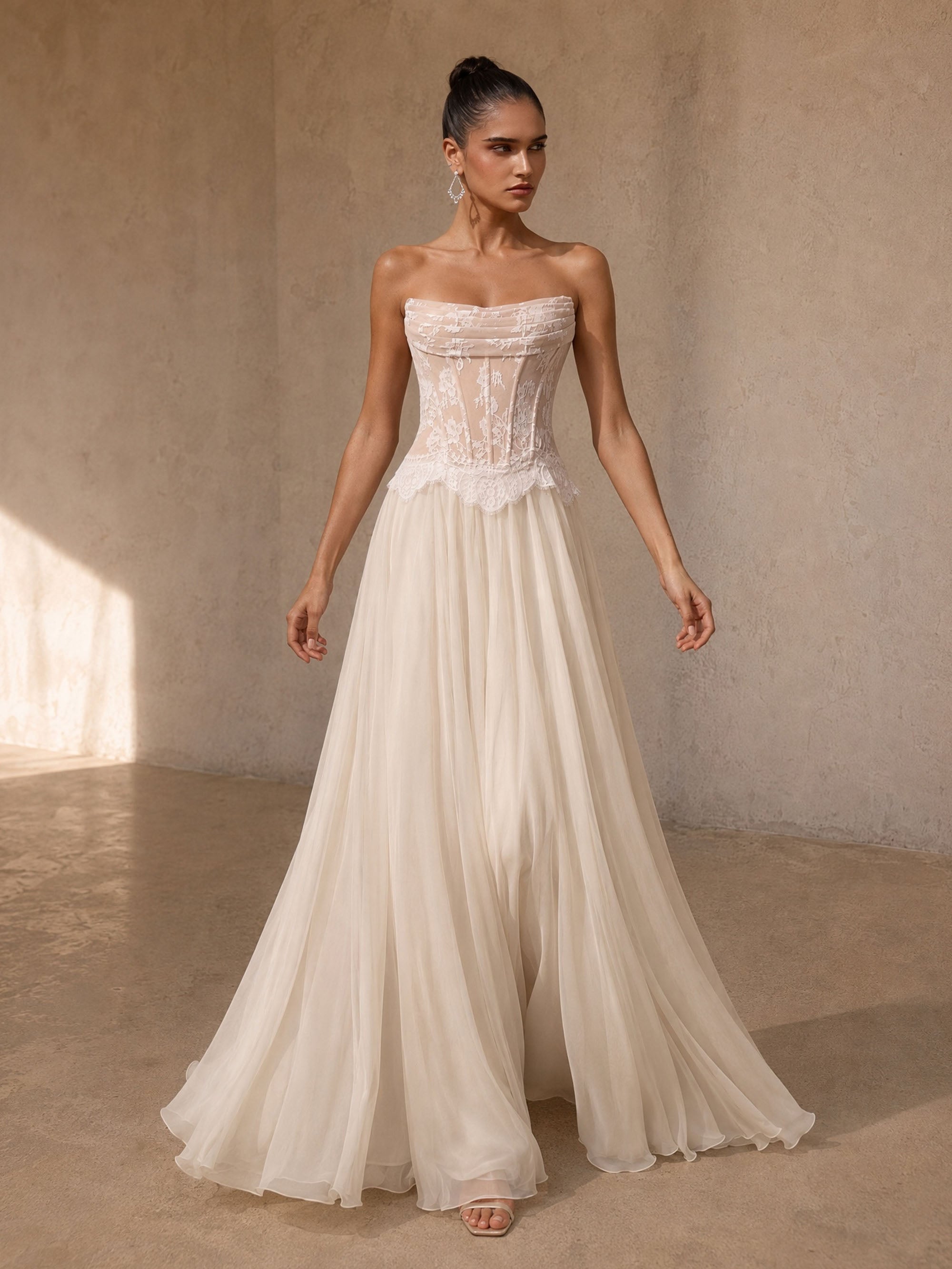 BOLODOO BD0508 ivory sheer lace corset strapless wedding gown – full front view showing A-line silhouette and floor-length chiffon skirt