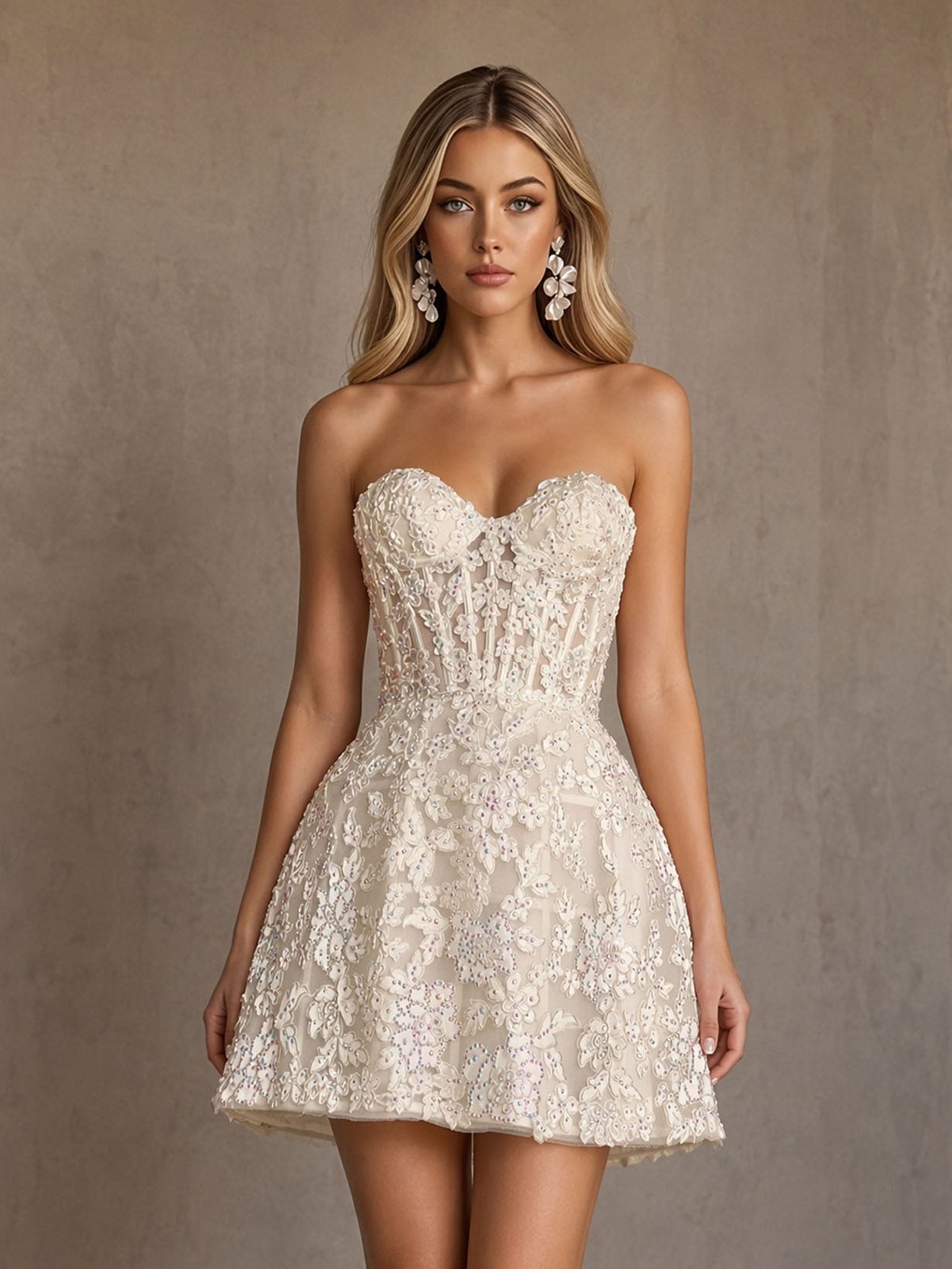 BOLODOO BD0509 ivory 3D floral lace corset strapless mini dress – full front view showing complete fit-and-flare silhouette
