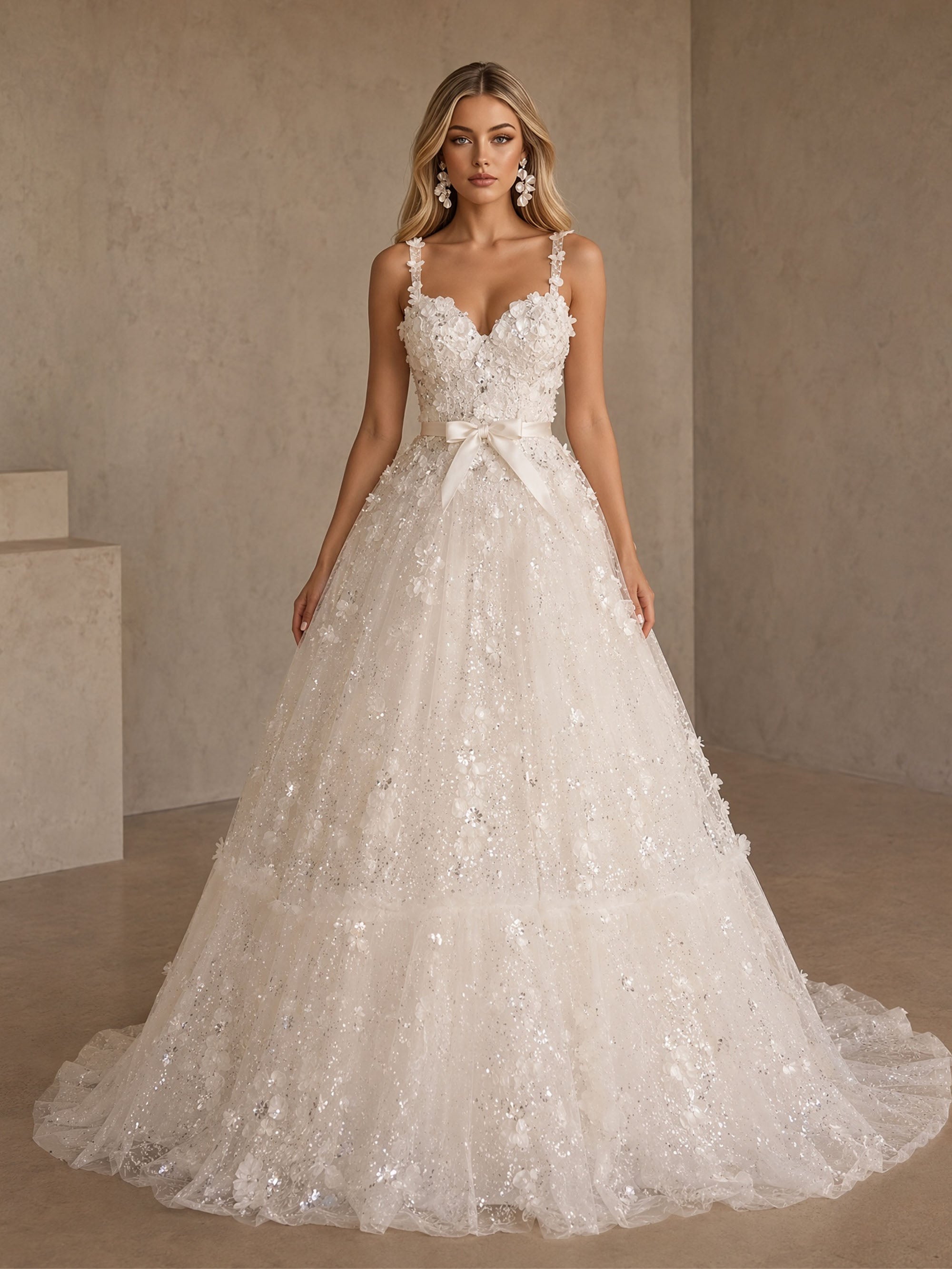 BOLODOO BD0510 ivory 3D floral appliqué sequin tulle ball gown wedding dress – full front view showing sweetheart neckline and cathedral train