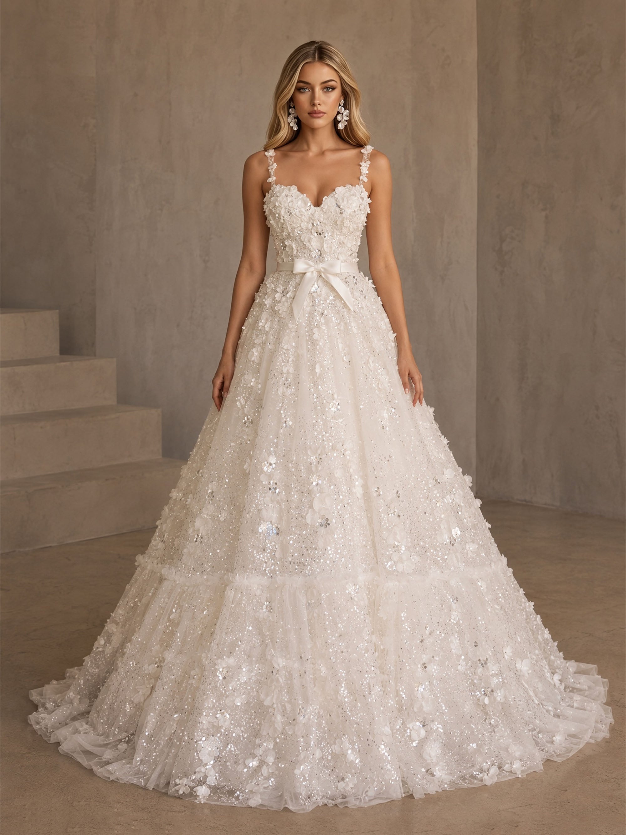 BOLODOO BD0510 ivory 3D floral appliqué sequin tulle ball gown wedding dress – front view showing complete A-line silhouette and tiered skirt volume