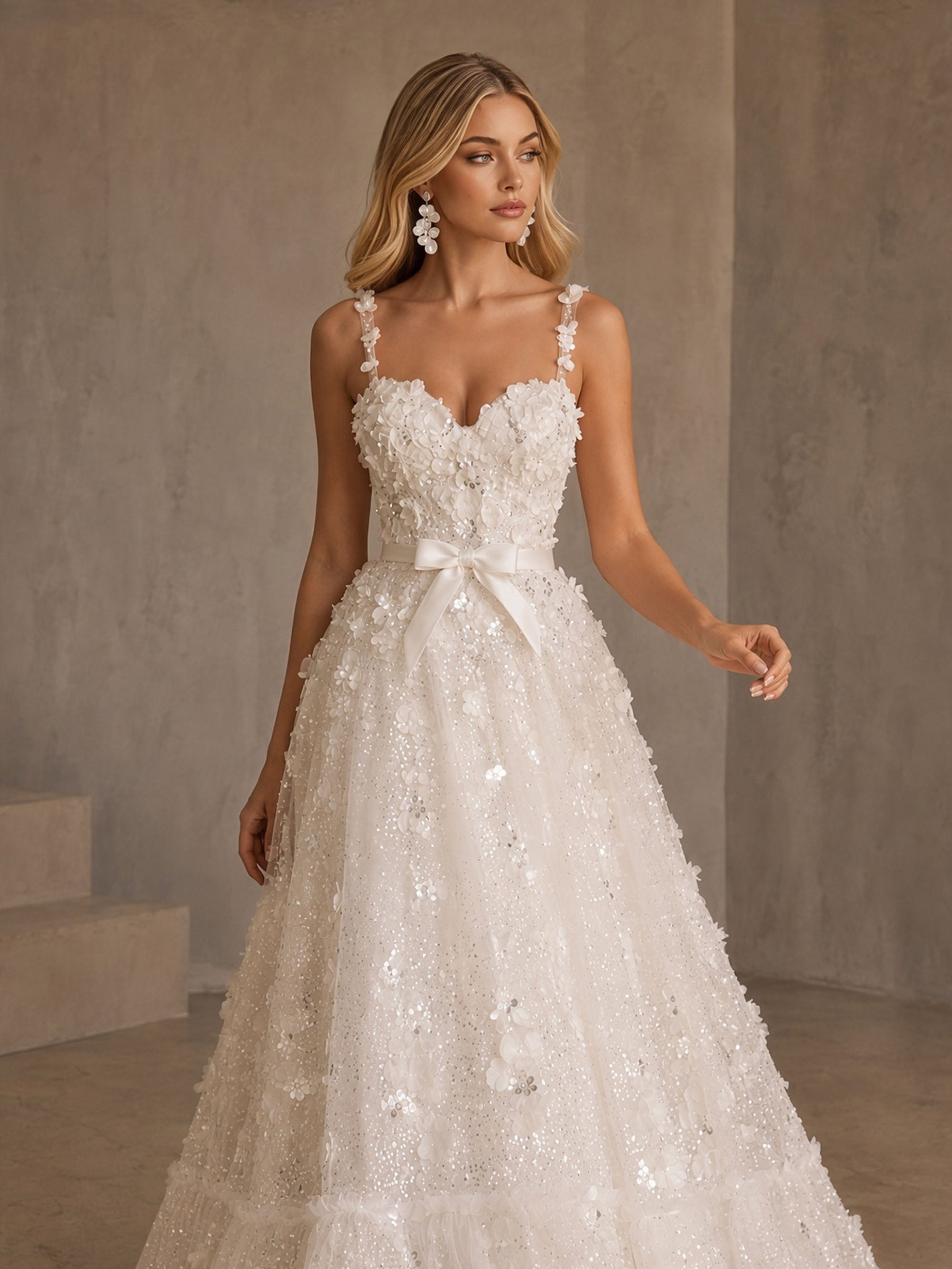 BOLODOO BD0510 ivory 3D floral appliqué sequin tulle ball gown wedding dress – upper body close-up showing sweetheart neckline, 3D floral bodice and satin bow waist