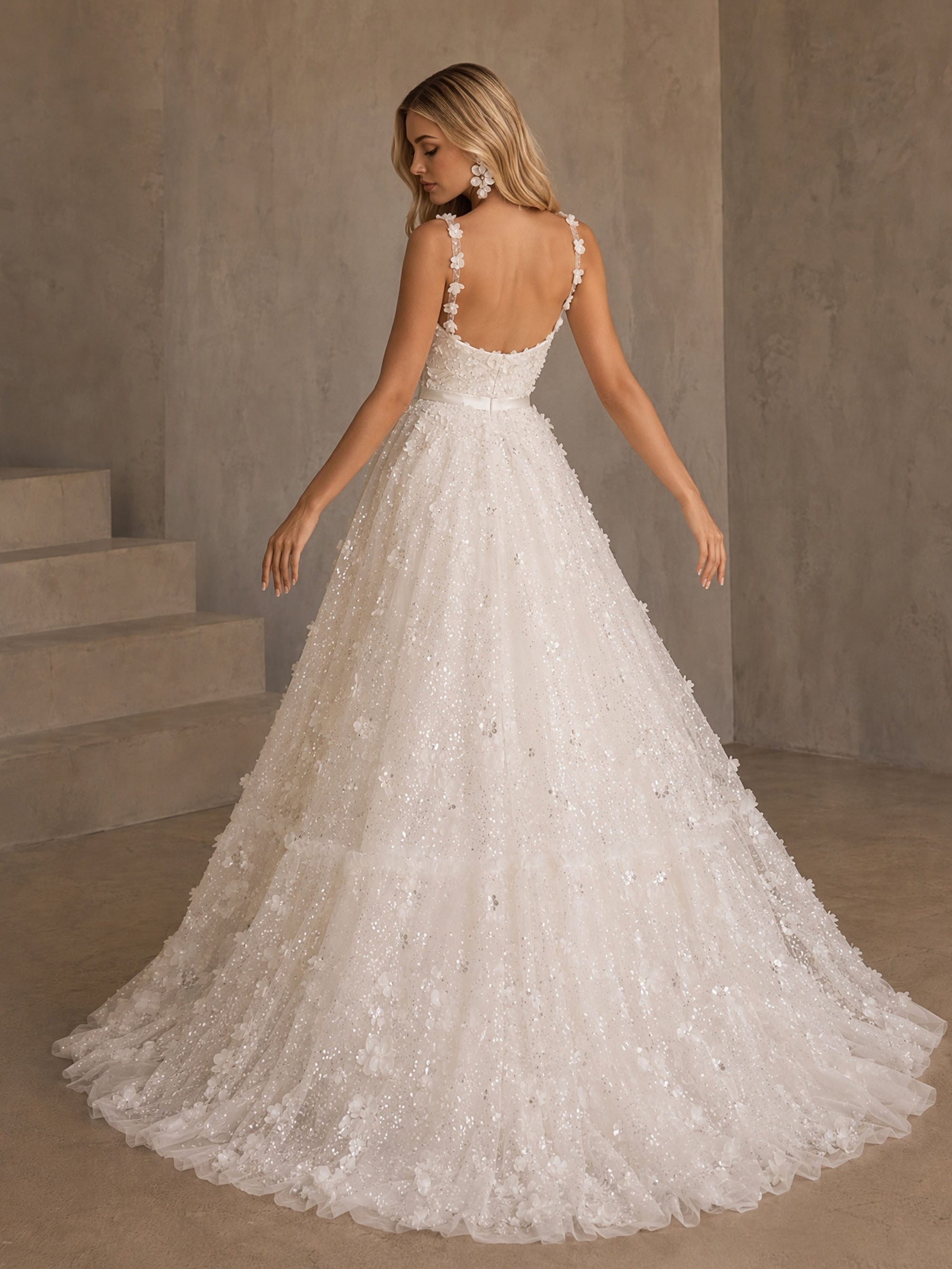 BOLODOO BD0510 ivory 3D floral appliqué sequin tulle ball gown wedding dress – back view showing open back, floral spaghetti straps and cathedral train