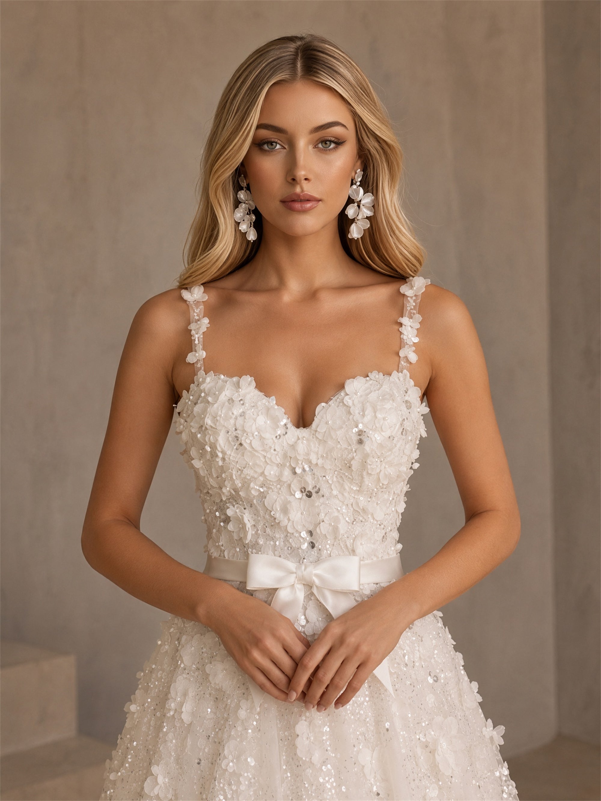 BOLODOO BD0510 ivory 3D floral appliqué sequin tulle ball gown wedding dress – front portrait close-up showing 3D floral appliqué bodice and floral strap detail
