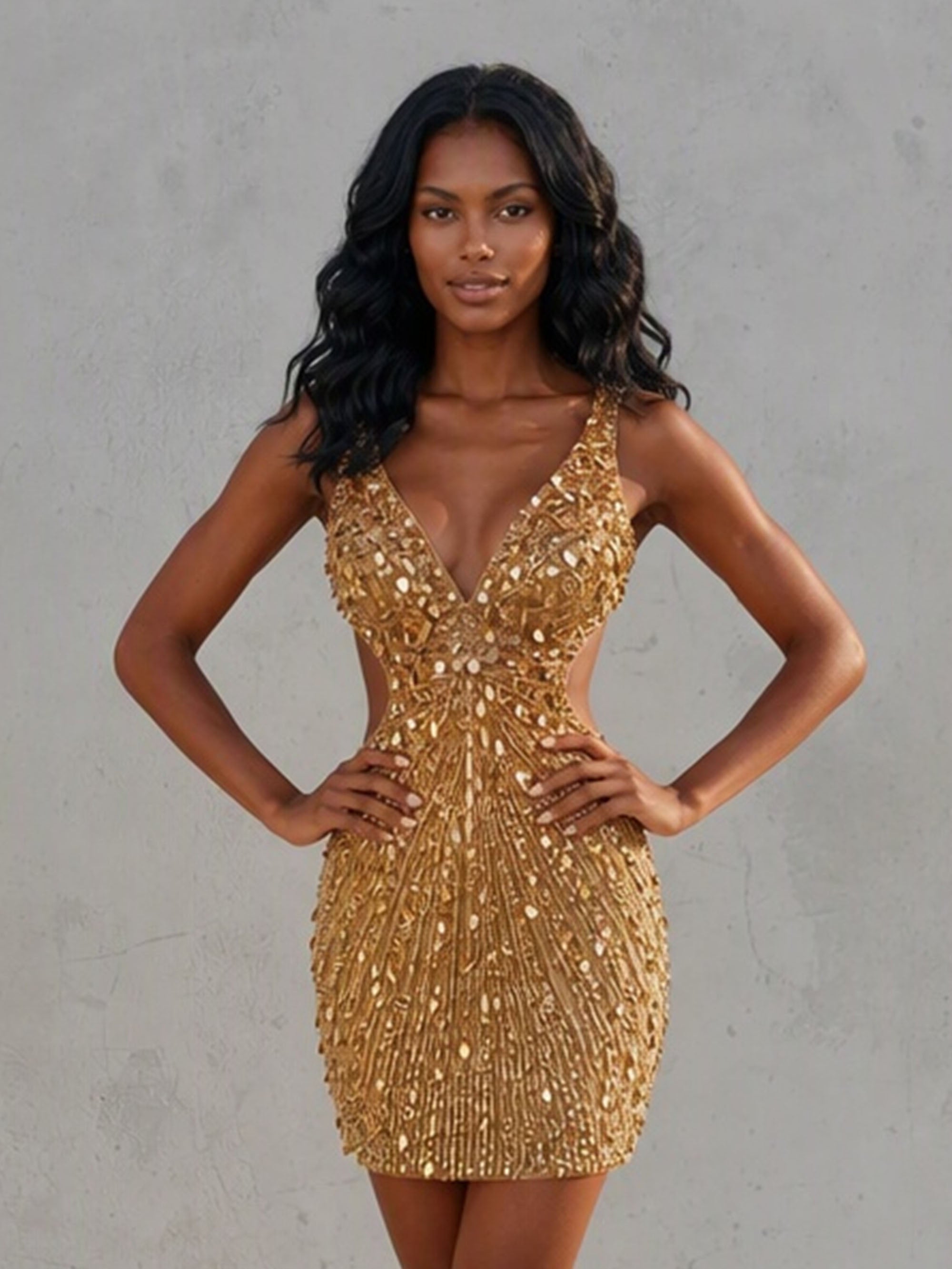 BOLODOO Gold Deep V-Neck Mirror Sequin Cutout Open-Back Bodycon Mini Dress 