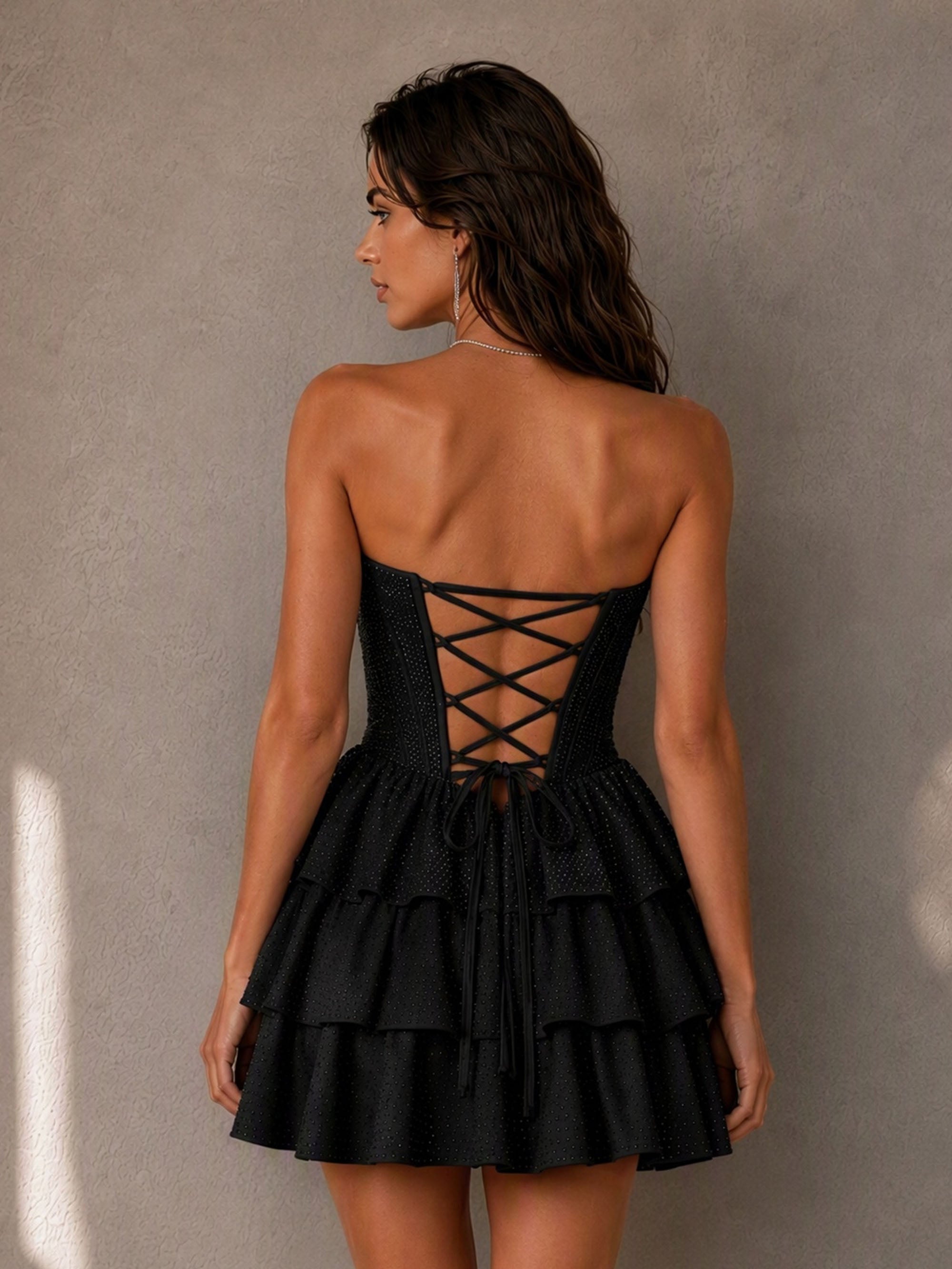 BOLODOO Black Rhinestone Strapless Sweetheart Corset Tiered Ruffle Lace-Up Back Homecoming Mini Dress – Prom, Cocktail & Party Dress 